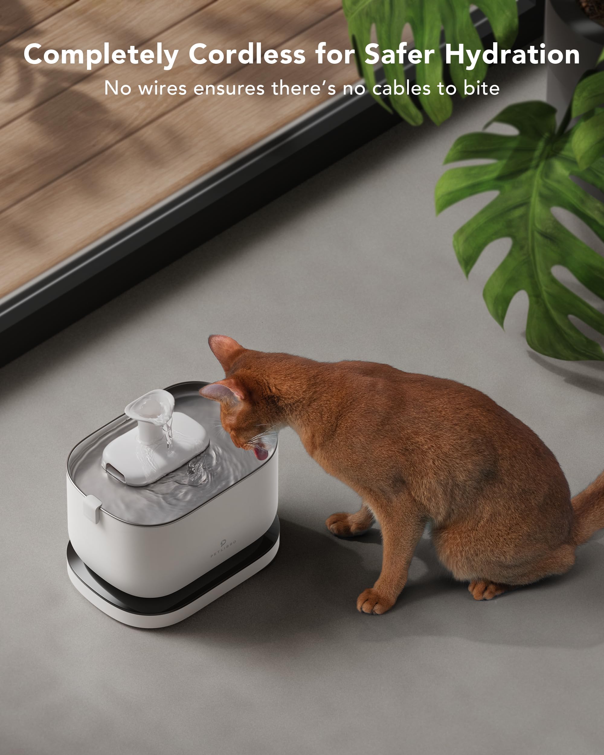 PETLIBRO Cordless Cat Water Fountain - 2.5L/84oz, Battery Operated, Ultra-Quiet with Stainless Steel Tray, White