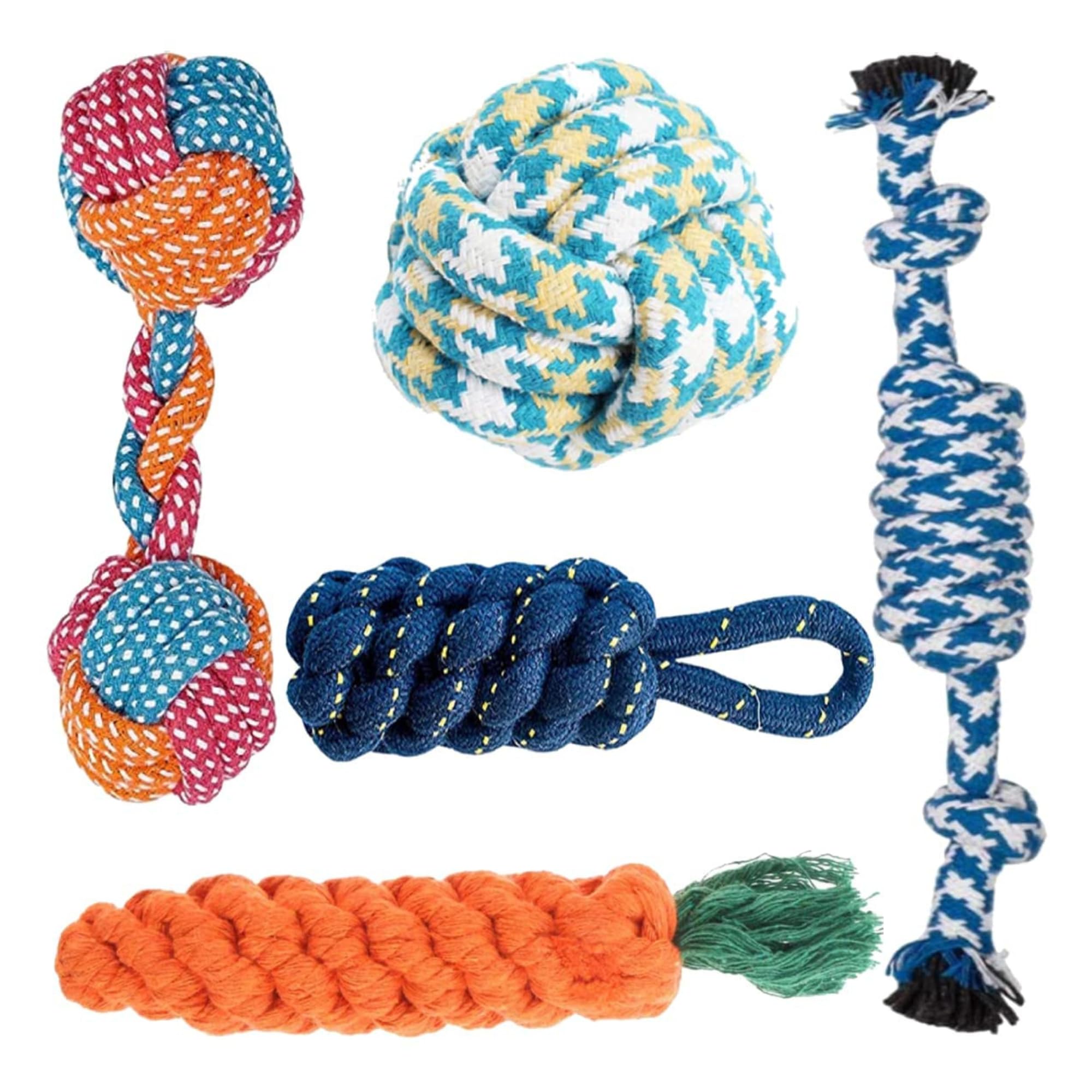 Bohobark Cotton Rope Toys For Small & Medium Dogs + DoubleKnot Rope Dumbbell + Monkey Fist Ball + Rope Corn Tug + Candy And Car