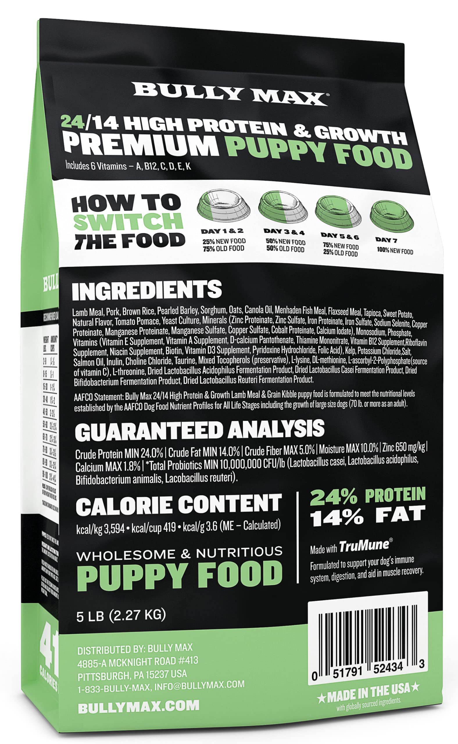 Bully Max Puppy Food 24/14 High Protein & Growth Formula - Dry Dog Food with Lamb and Rice for Small Dogs and Large Breed Puppie