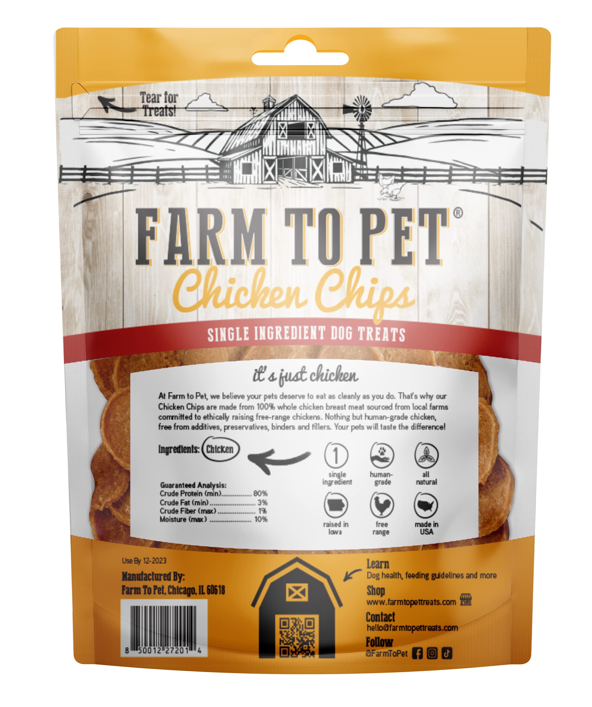 Farm To Pet Dog Training Treats - Chicken Chips, Single Ingredient, Lean, All Natural, Healthy Dog Treats for Small, Medium, Lar