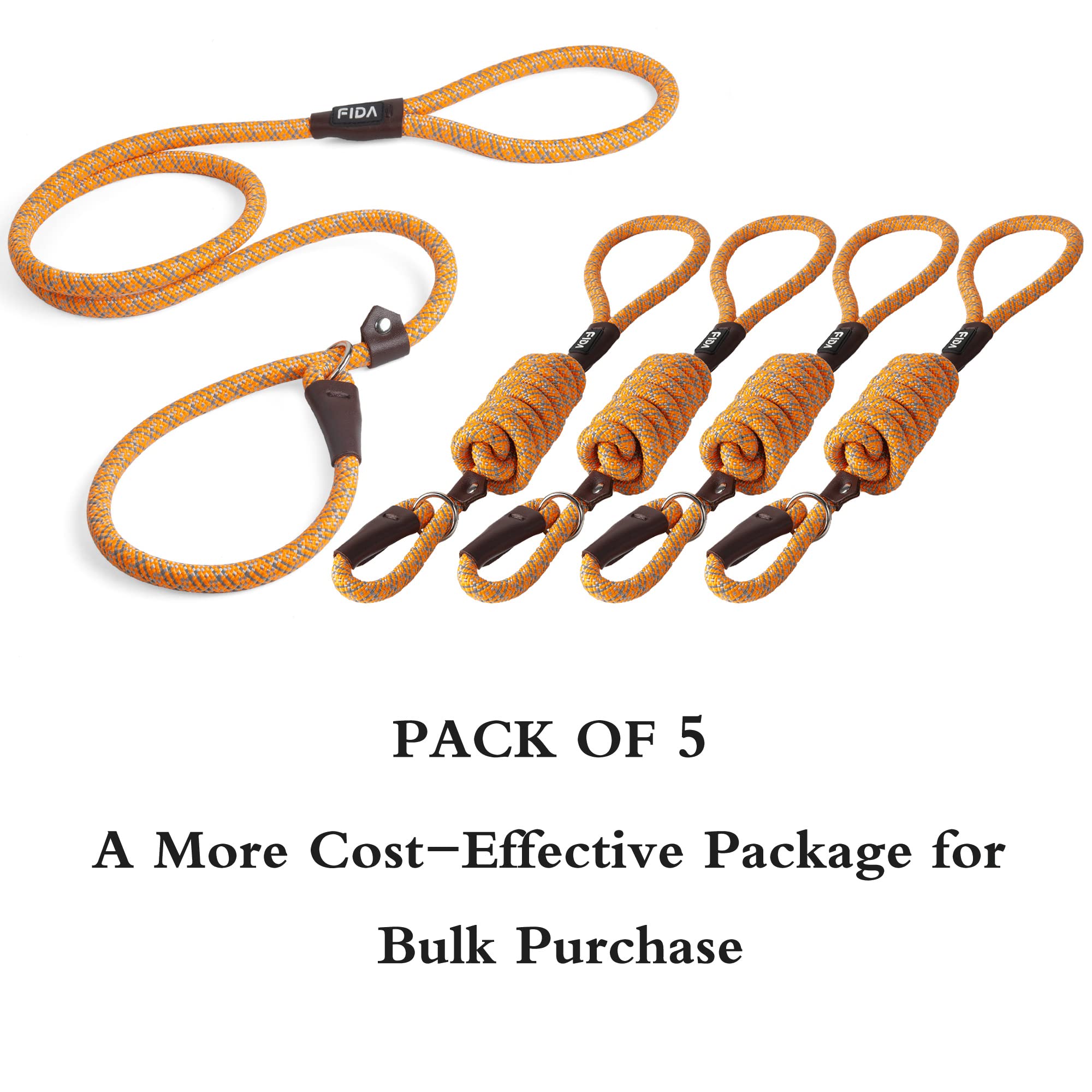 Fida Durable Slip Lead Dog Leash Bulk Pack Of 5, Heavy Duty 1/2' X 6 Ft Comfortable Strong Rope Slip Leash For Large, Medium Dogs No Pulling Pet Training Leash With Highly Reflective (Orange)