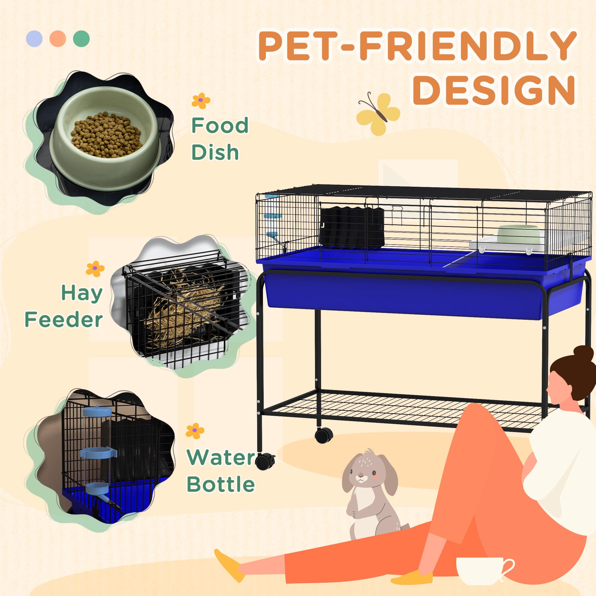 PawHut Two-Story Small Animal Cage Removable From Stand, Guinea Pig, Hedgehog, Chinchilla, Ferret Habitat With Shelf & Wheels, 3