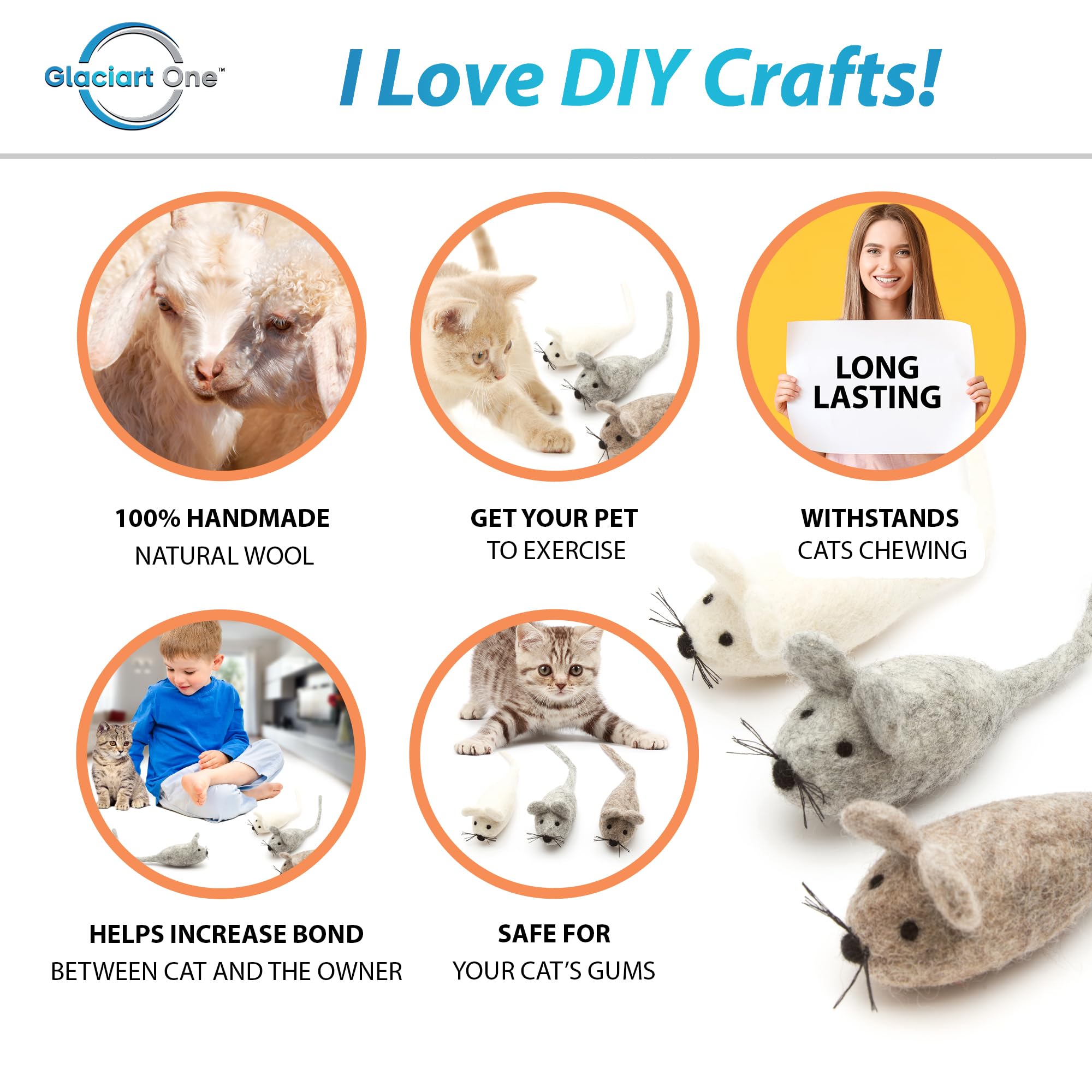 Glaciart One Felt Mouse Cat Toy - 3 Pcs | Soft Fuzzy Enrichment 100% Natural Wool - Interactive Catnip Play Cat Toy Set - Safe F