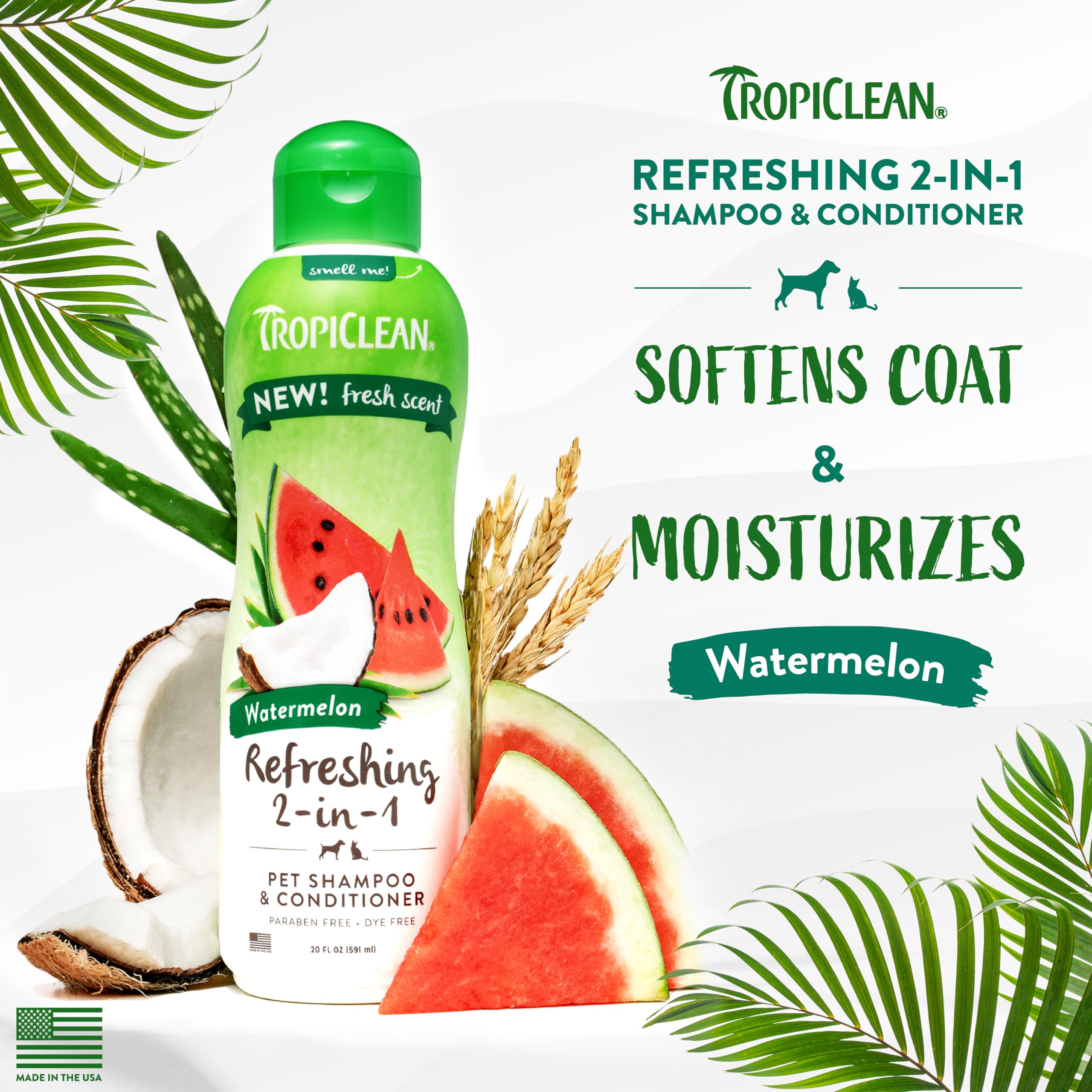 Tropiclean 2-In-1, Cat & Dog Shampoo And Conditioner, Puppy & Kitten Safe, Moisturizing Detangler, Made In The Usa, Watermelon Scent, 20Oz.