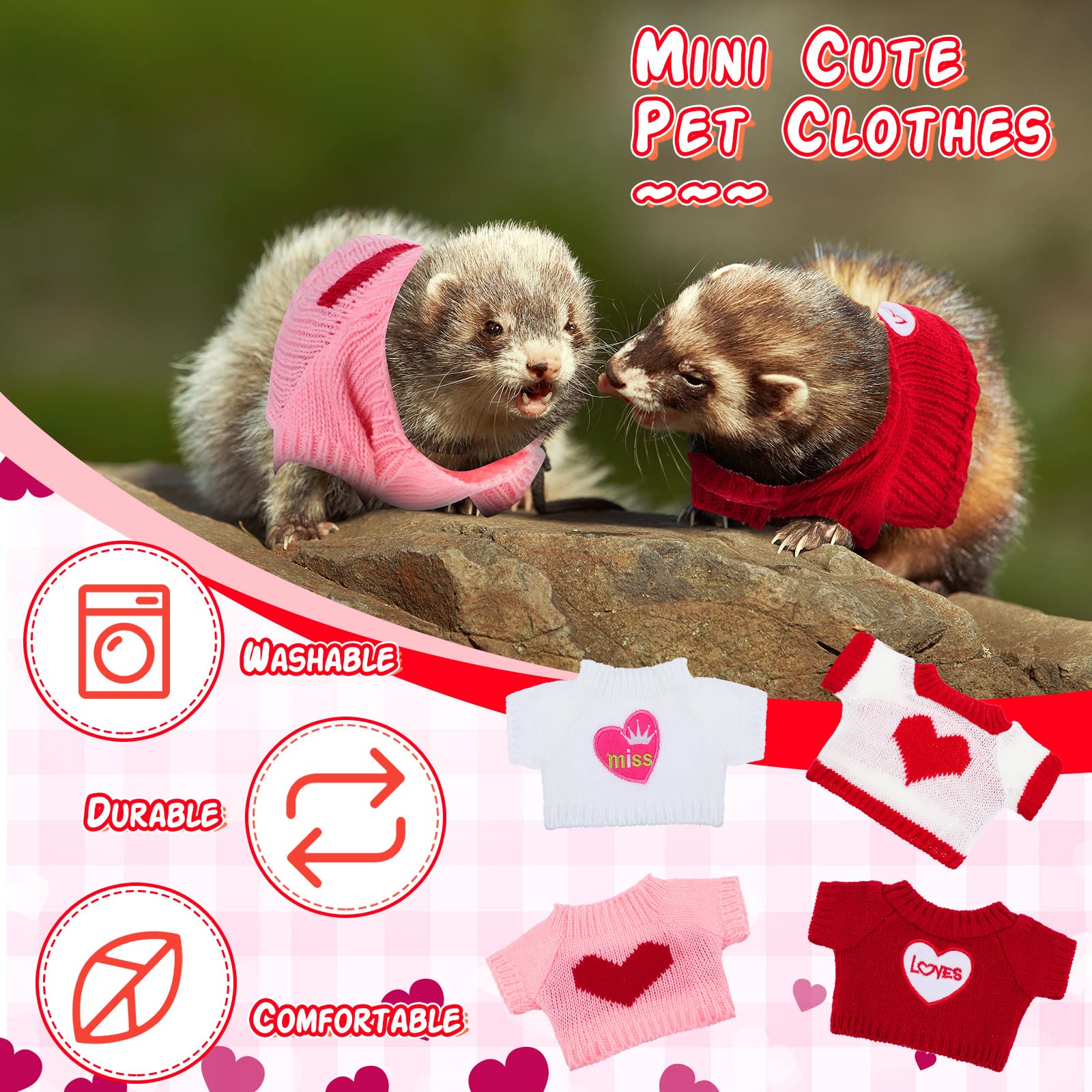 4 Pcs Ferret Clothes Hamster Sweater Guinea Pig Clothes Bunny Costume Knitted Sweatshirt for Warm Winter Valentine Christmas Ves