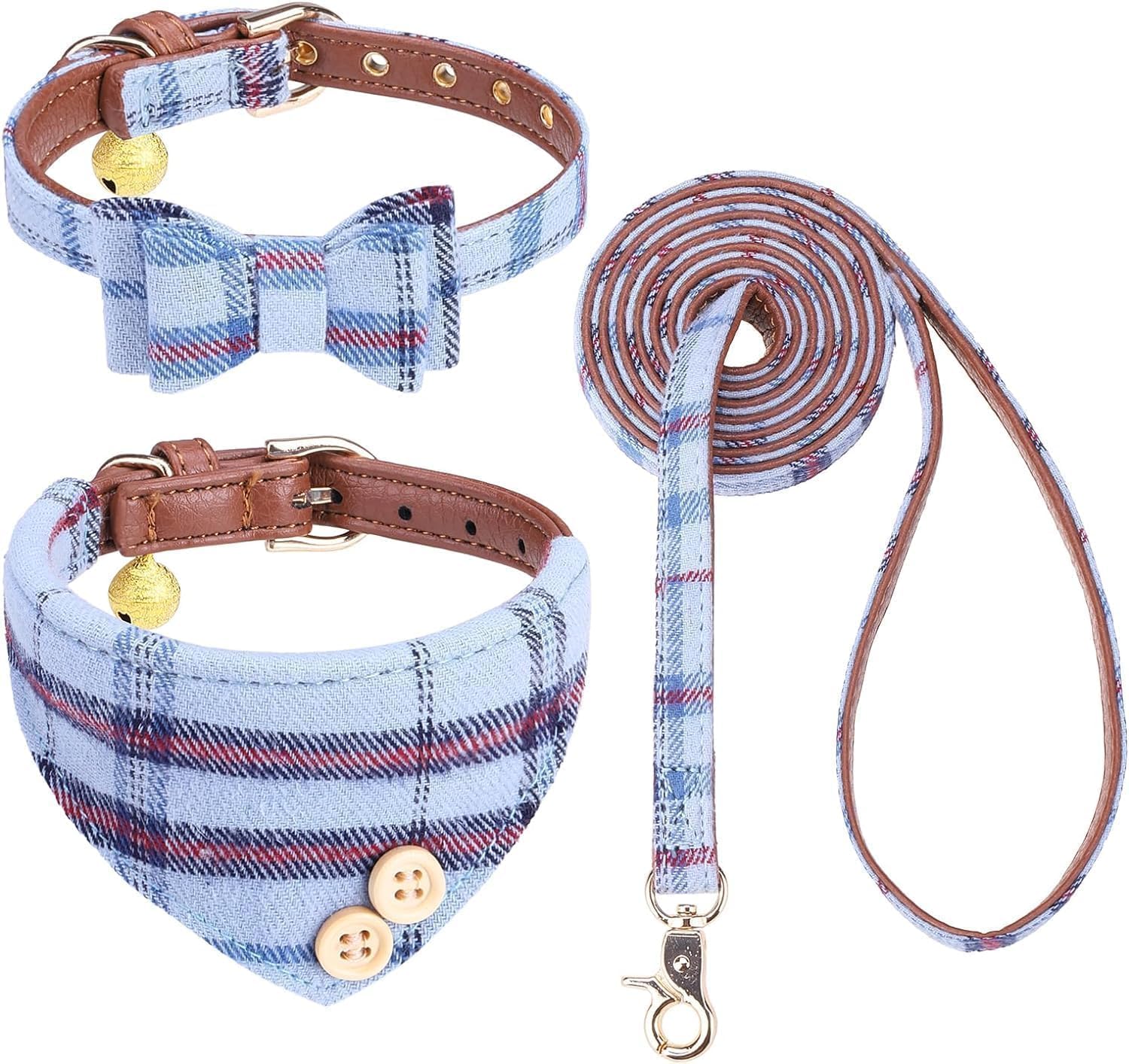 Bow Tie Dog Collar And Leash Set For Small Dogs - Puppy Leash Collars Classic Beige Plaid - Adjustable Size With Golden Bell - P