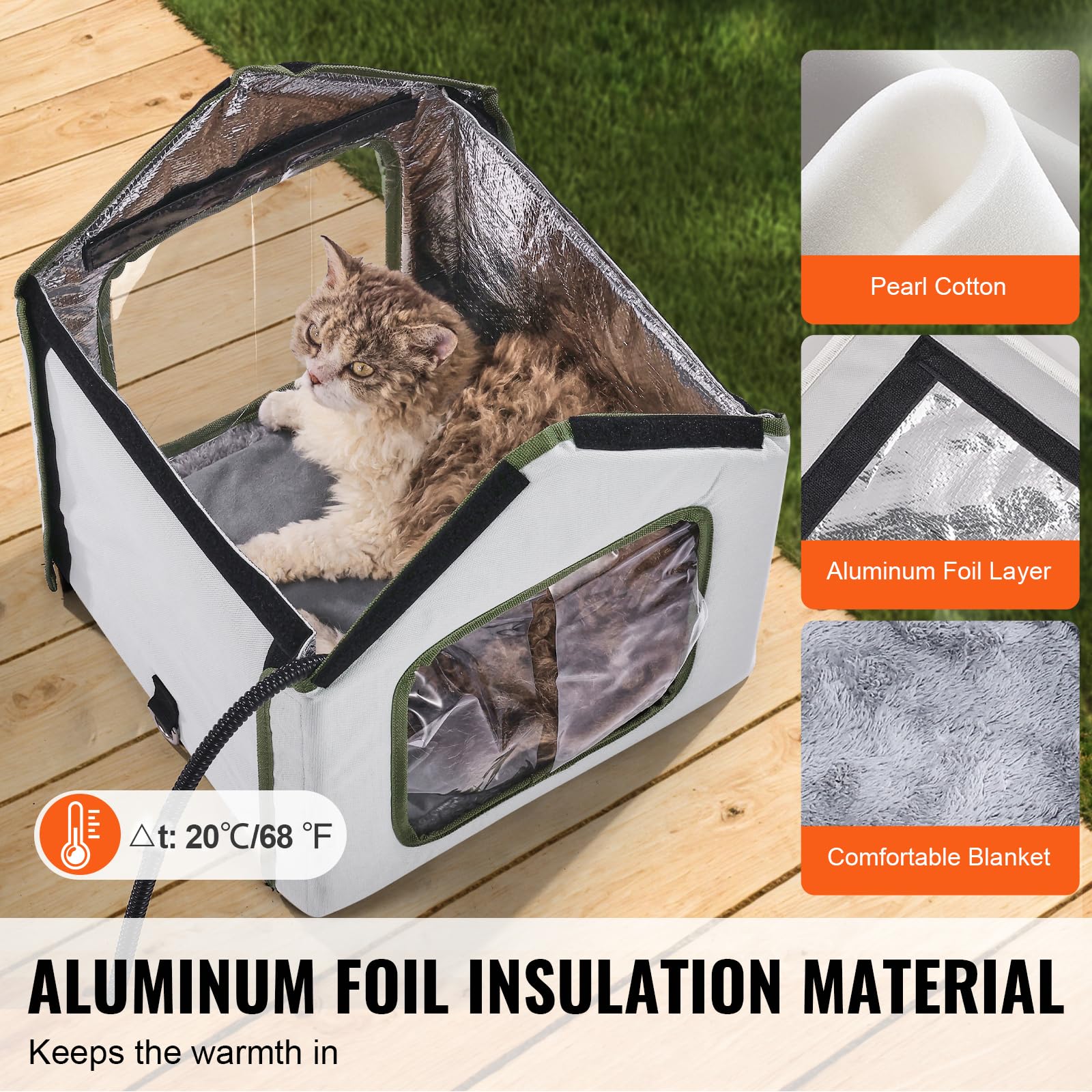 VEVOR Elevated Heated Cat House, Outdoor Kitty Shelter with Adjustable Temperature & Timer, 600D Oxford Cloth Foldable Cat Shelt