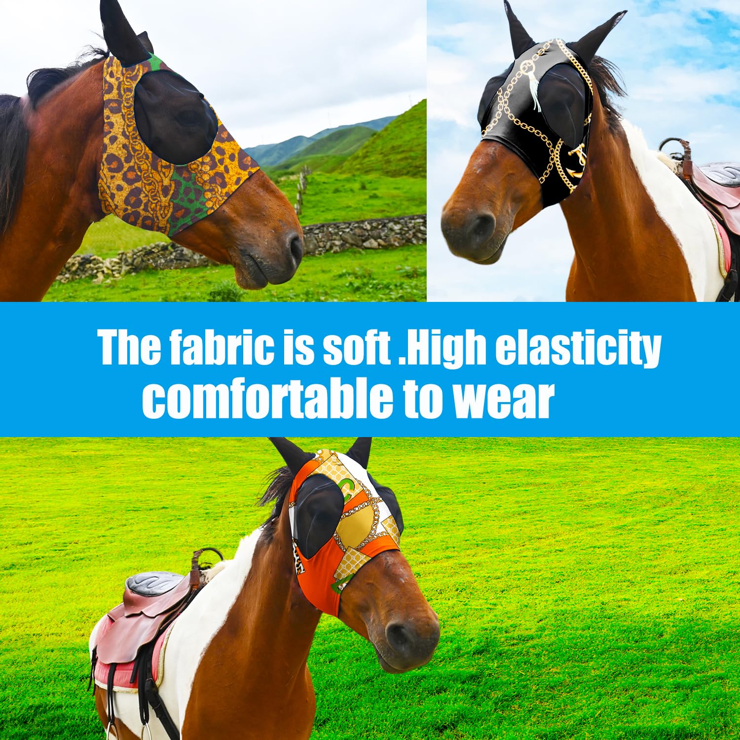 Super Comfort Fly Marsks for Horses of 3pcs Set-Horse FlyMask with Ears- Elasticity Fly Mask with UV Protection(Size:L