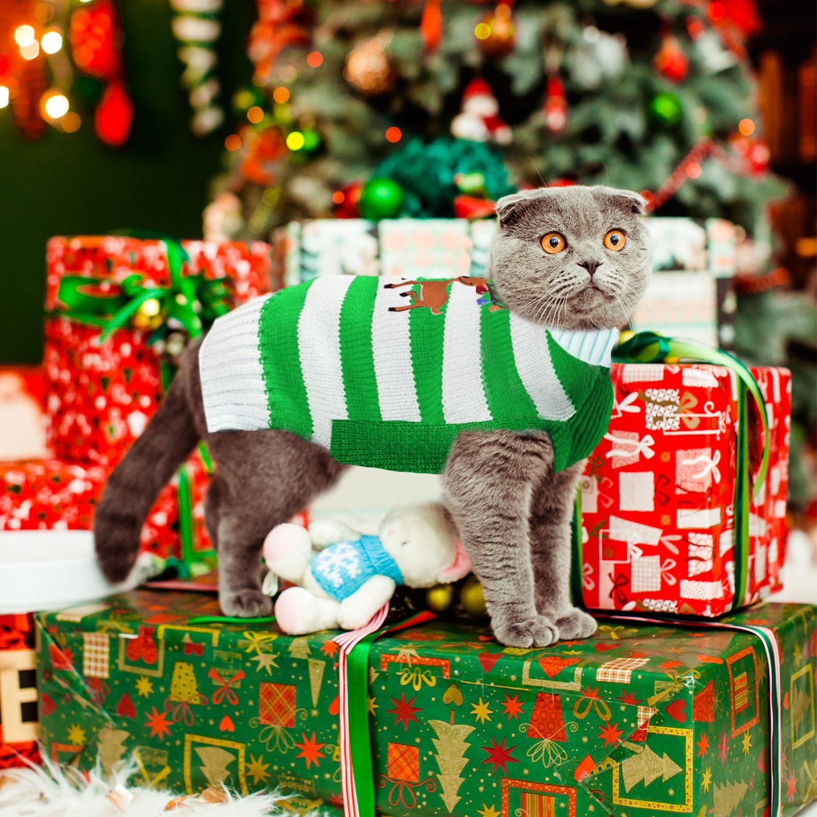 Doggyzstyle Christmas Dog Sweaters Xmas Pet Outfits Striped Elk Costume Holiday Clothes Gifts Puppy Cat Knitted Jumpers (Xl,Gree