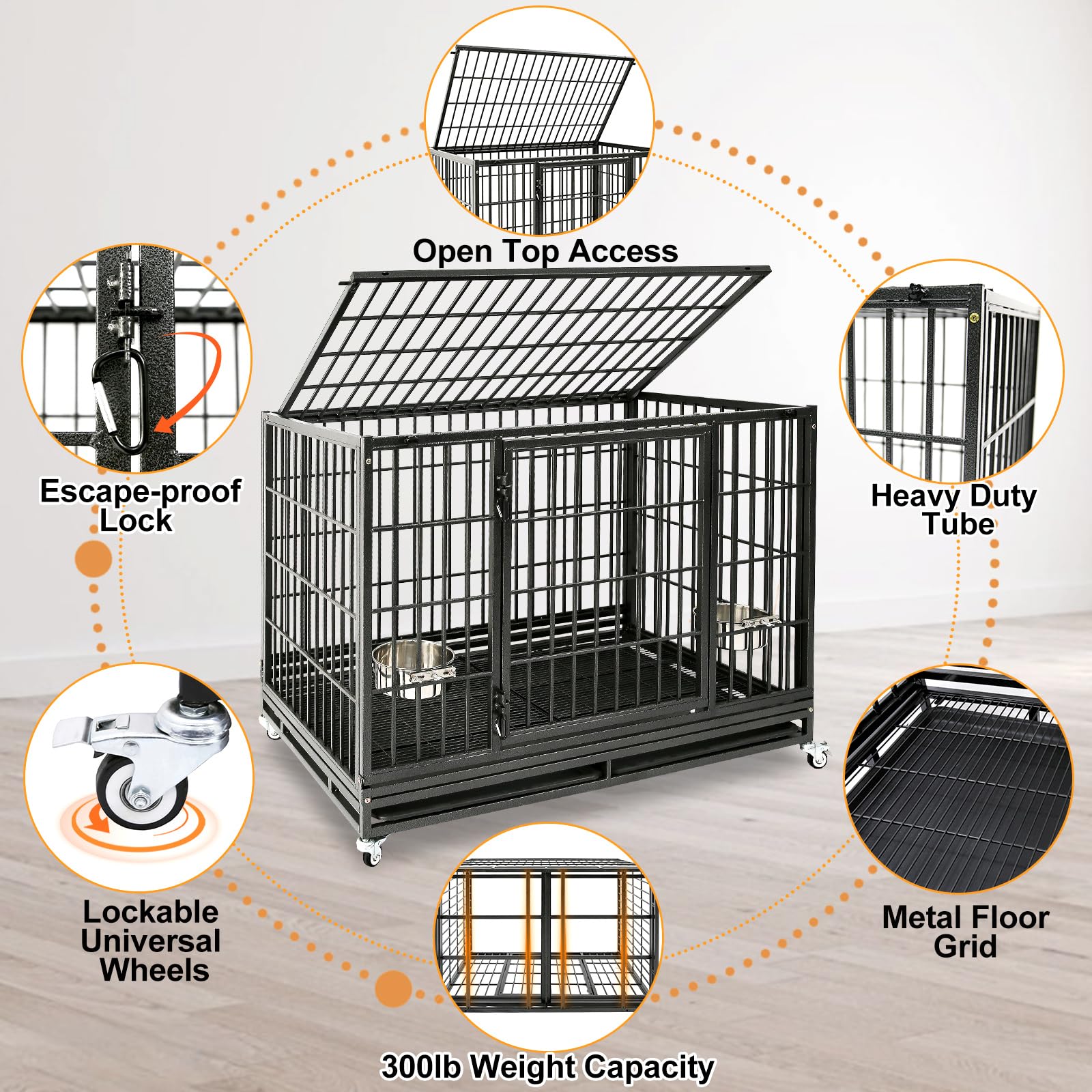 Homey Pet 48 Inch Stackable Heavy Duty Dog Crate Indestructible, Escape Proof Dog Cage With Wheels, Two Removable Trays, High An