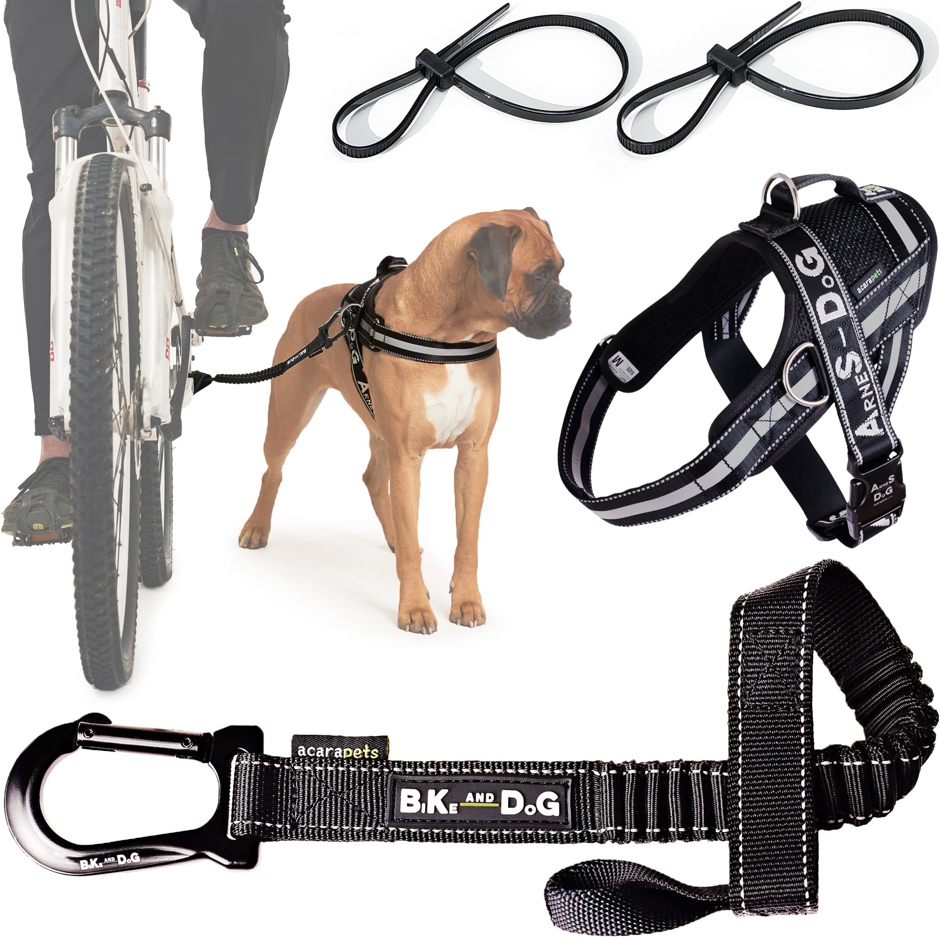 Bike And Dog - Dog Leash And Harness For Bicycle, Harness With 3 Rings, 2 Are Sides, Includes 2 Special Cable Ties For Bicycle. 