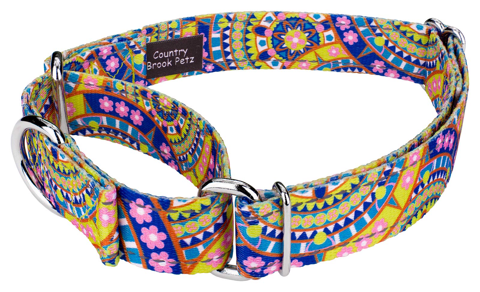 Country Brook Petz - Yellow Boho Mandala Reflective Martingale Dog Collar Collection With 12 Night Safe Designs (1 Inch, Extra L