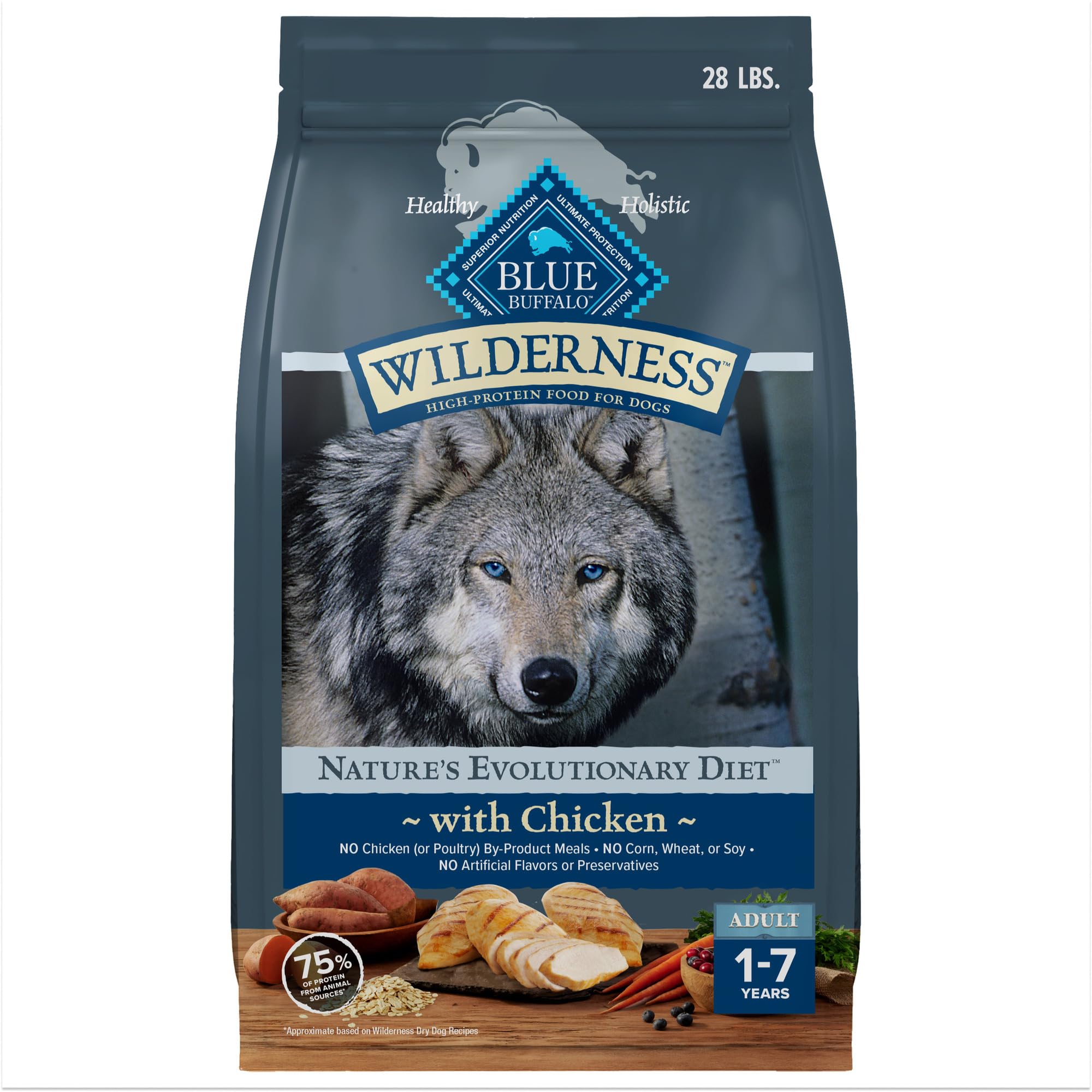 Blue Buffalo Wilderness Natural High-Protein Dry Food for Adult Dogs, Chicken Recipe, 28-lb. Bag
