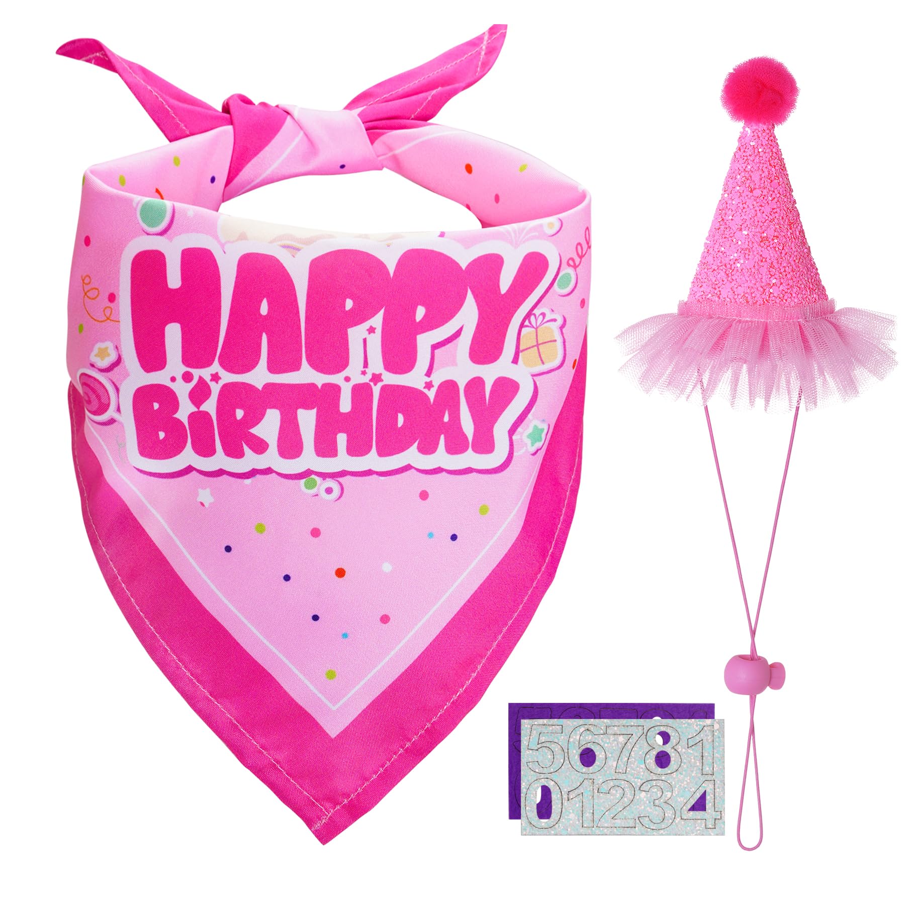 Pistha Dog Birthday Party Set - Bandana Scarf & Hat With Number For Dog Birthday Party (Pink)