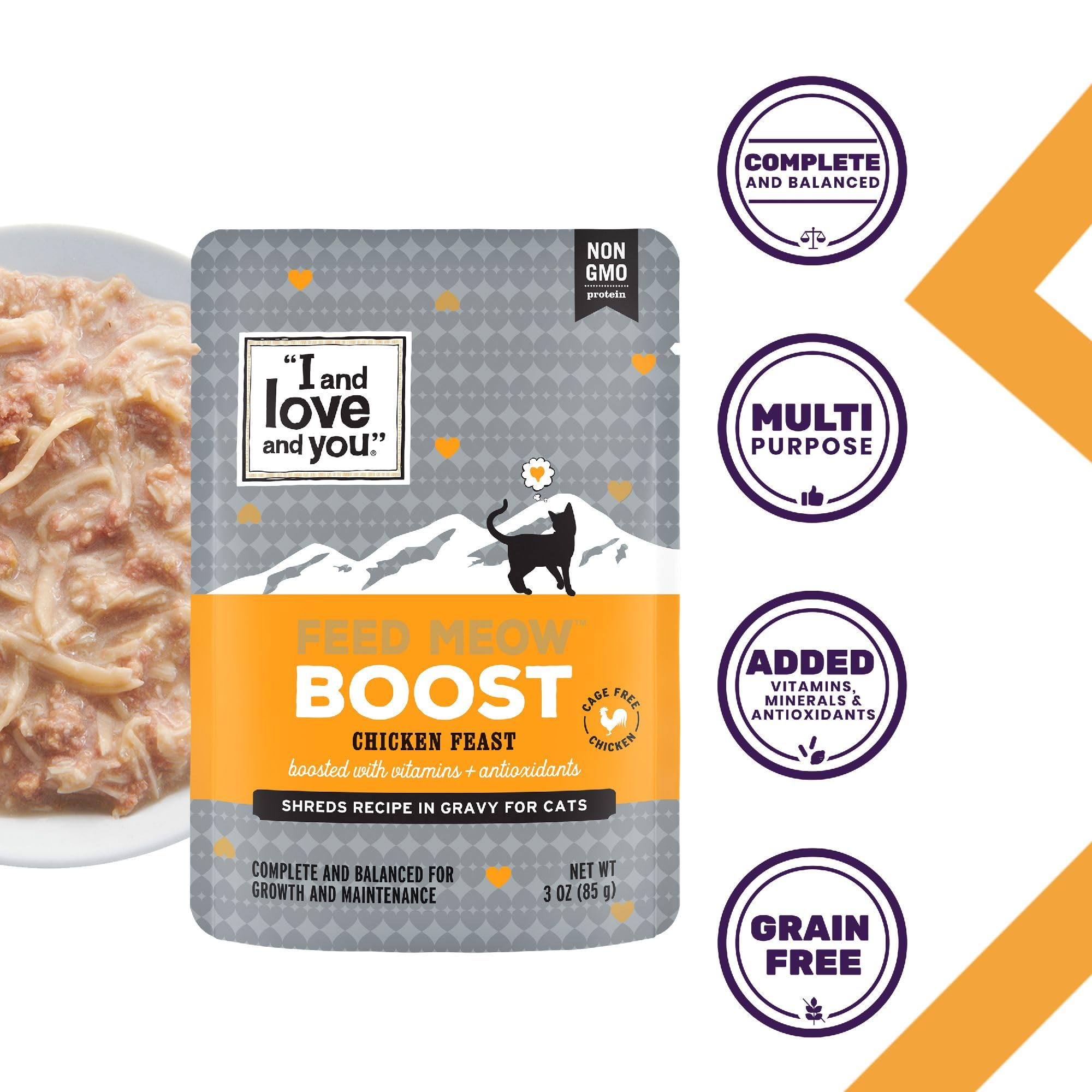 I and love and you Feed Meow Boost Wet Cat Food - Chicken - Antioxidants & Vitamins for Vitality, Grain Free, Shredded, 3oz Pack