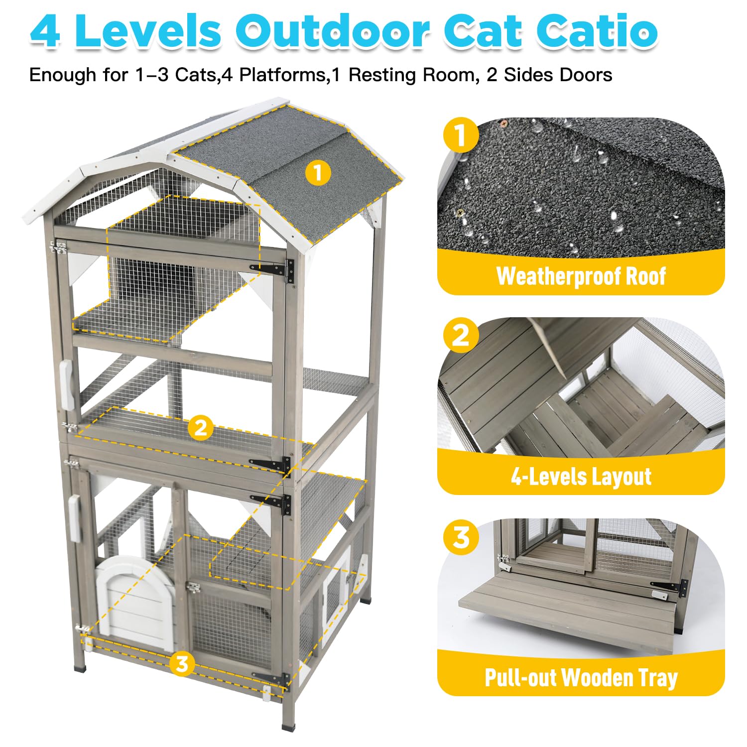 Gowoodhut 71'' Large Cat House - Waterproof Outdoor Catio Enclosure, Greywhite, Model CAT12-FBA-GreyWhite
