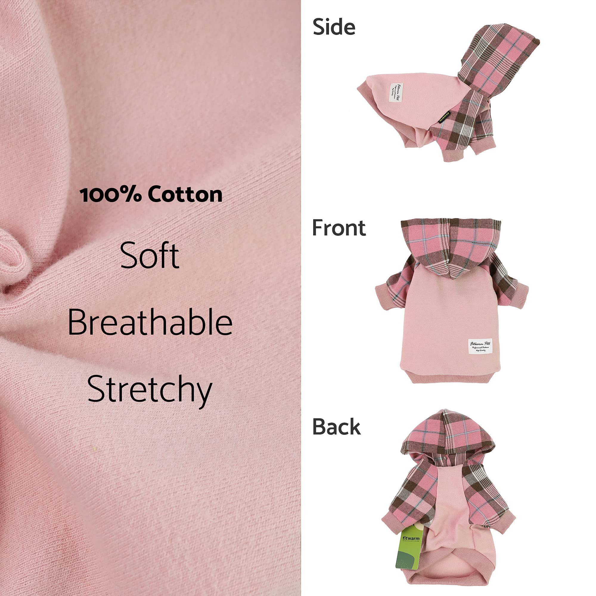 Fitwarm 100% Cotton Girl Plaid Dog Clothes Lightweight Puppy Hoodie Pet Sweatshirt Doggie Hooded Outfits Cat Apparel Pink X-Smal