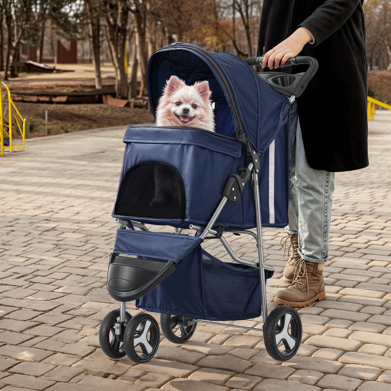 MoNiBloom Pet Stroller, Foldable Dog/Cat Jogger with Weather Cover, Storage Basket, Mesh, 13"x29"x40", Navy Blue, Model A78-PS-001-N