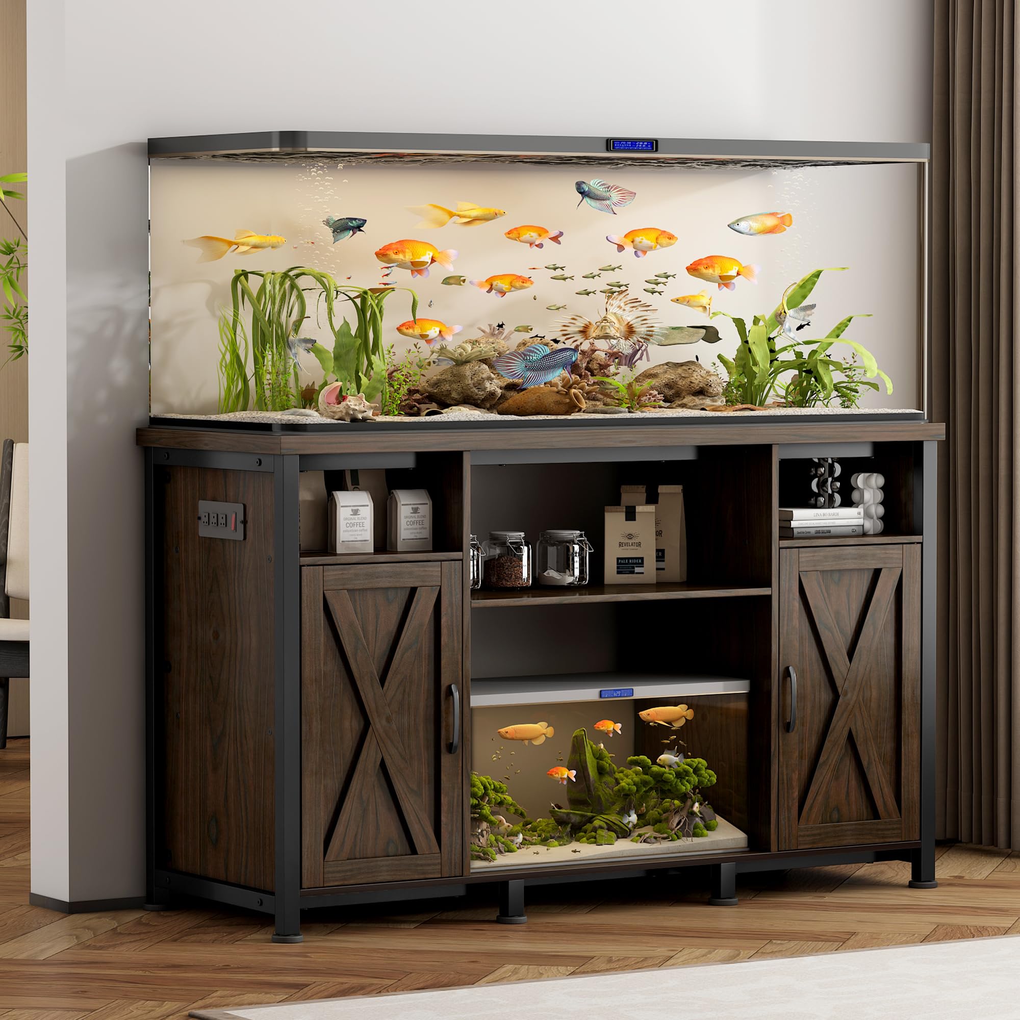55-90 Gallon Fish Tank Stand with Power Outlets, Aquarium Stand with Cabinet, Heavy Duty Reptile Tank Turtle Terrariums Table fo