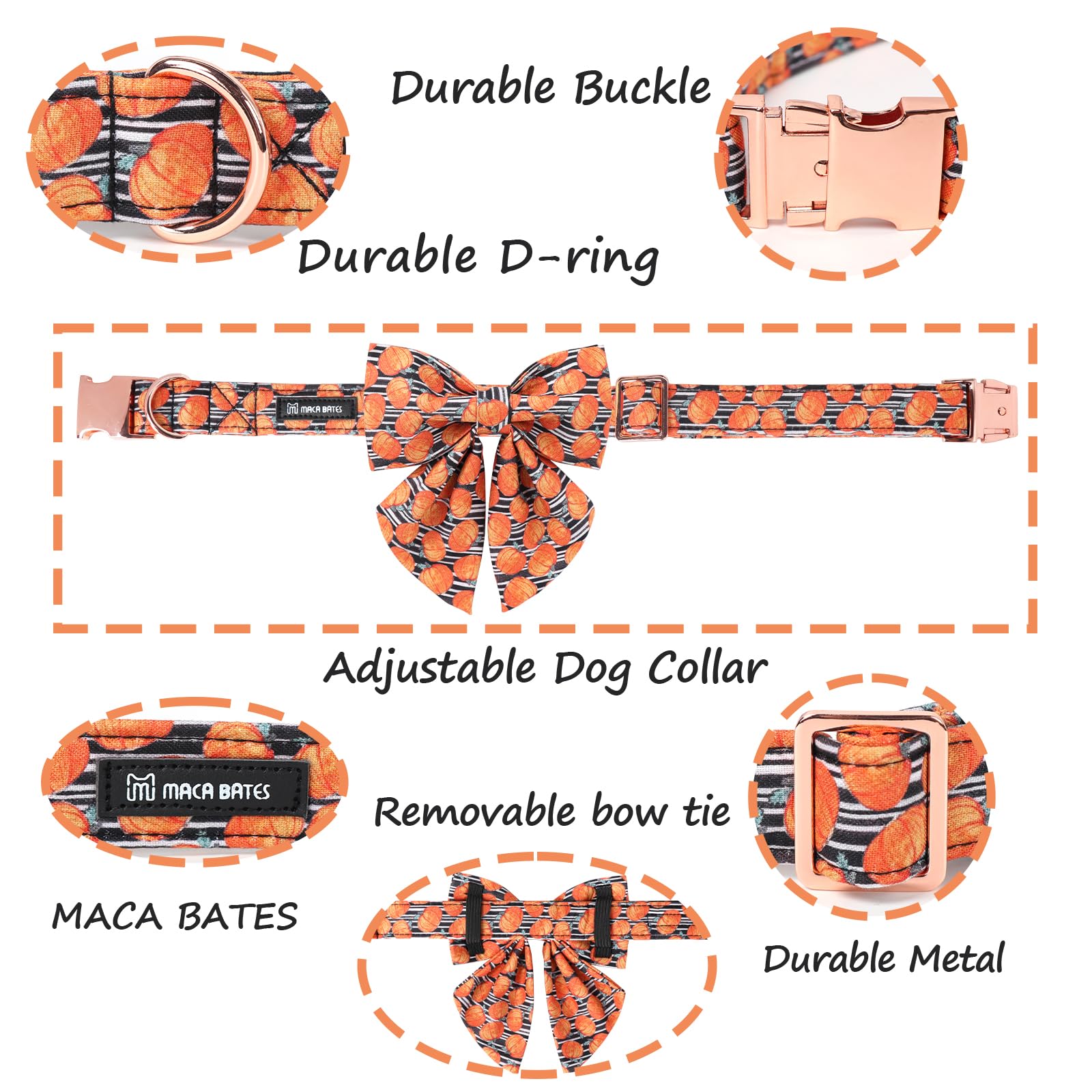 Maca Bates Halloween Pumpkin Dog Collar With Bow Bowtie For Dogs Sailor Bow Tie Adjustable Breakaway Cute Collars Accessories Fall Gift For Small Medium Large Xl Puppy With Golden Metal Buckle