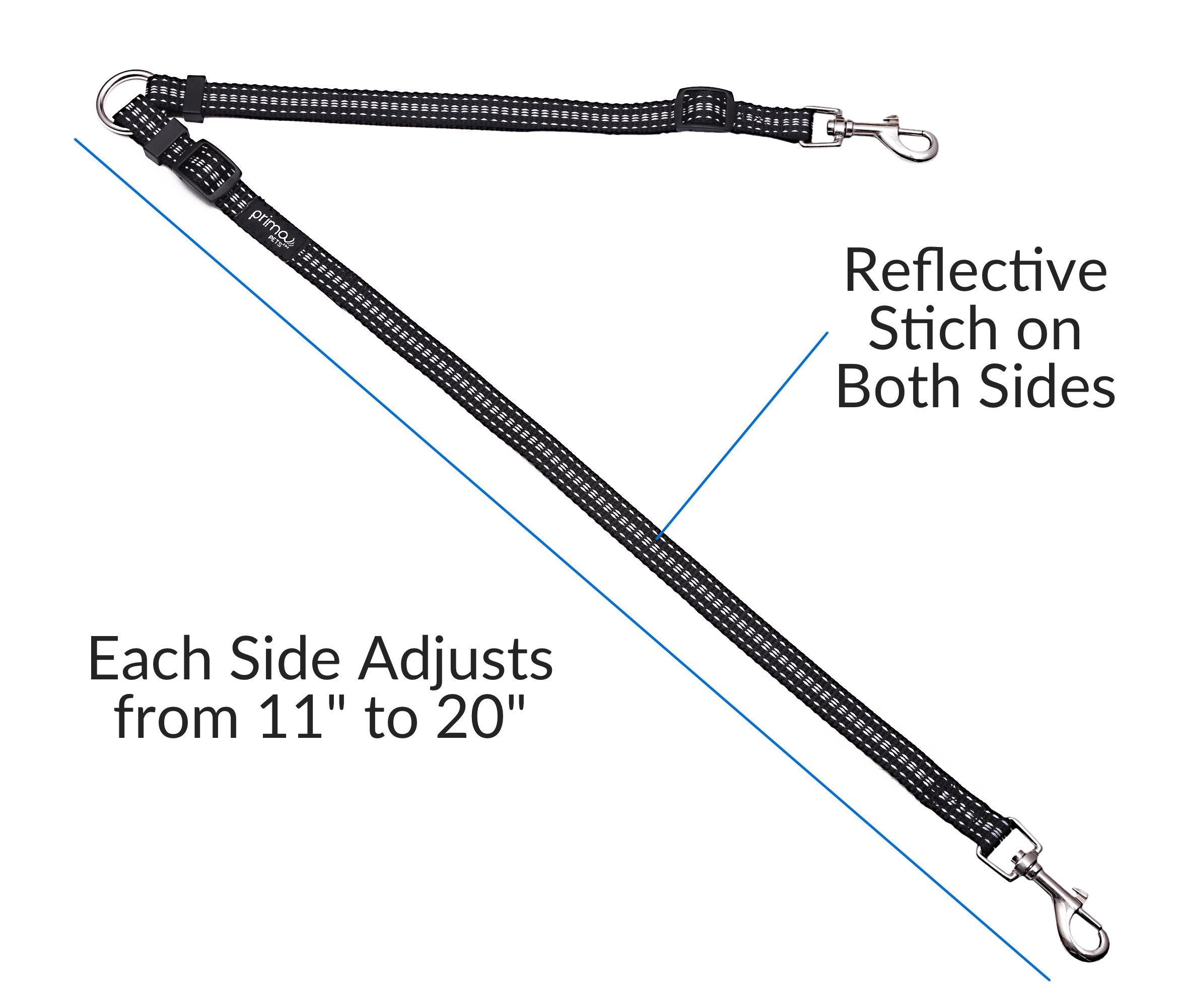 Prima Pets No Tangle Reflective Dog Leash Coupler - Double Dog Walker And Trainer Leash - Two Dogs Adjustable Splitter Lead - Each Side Adjusts 11' To 20' In Length (Small - 5/8' Width, Black)