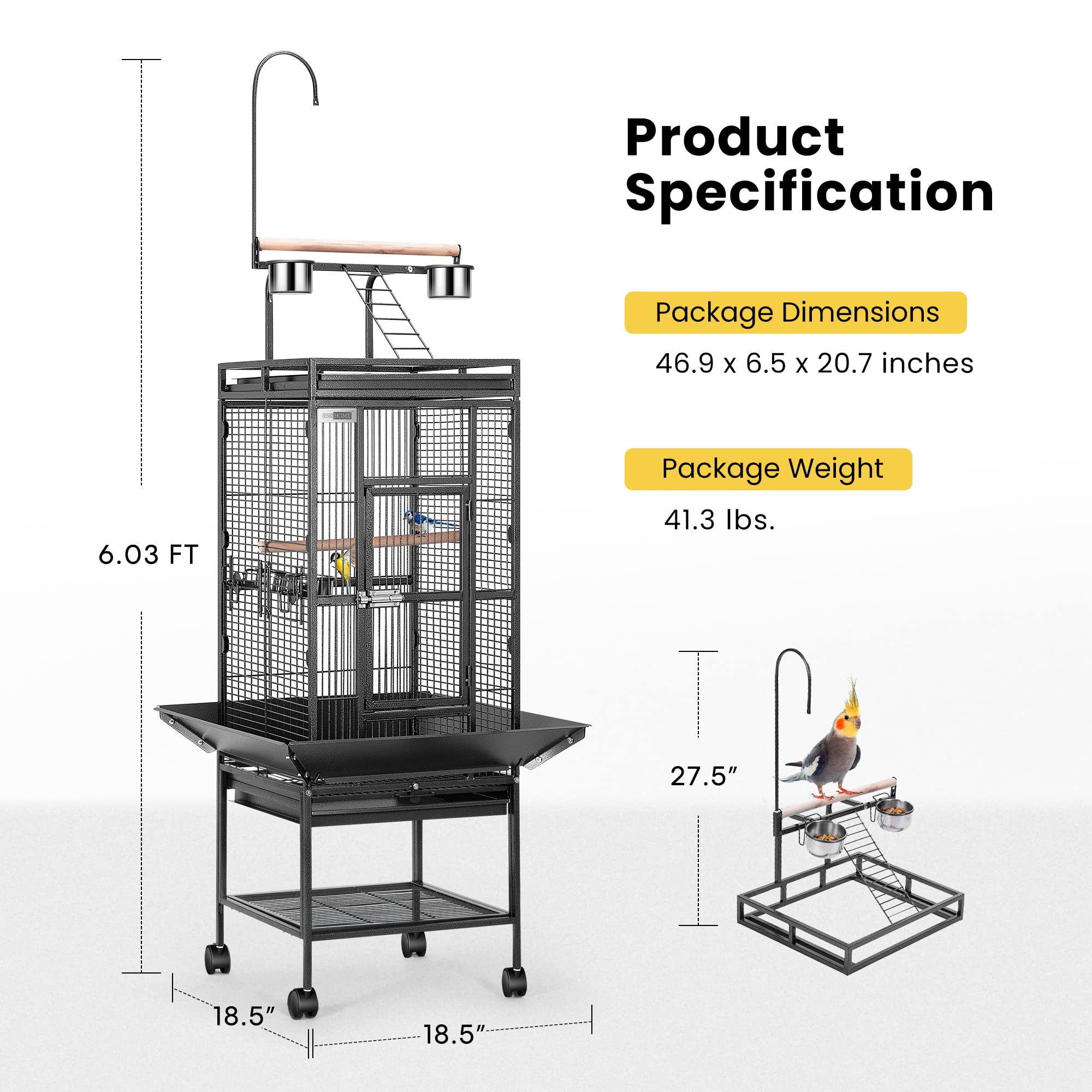 Vivohome 72 Inch Wrought Iron Large Bird Cage With Play Top And Stand For Parrots Lovebird Cockatiel Parakeets Black