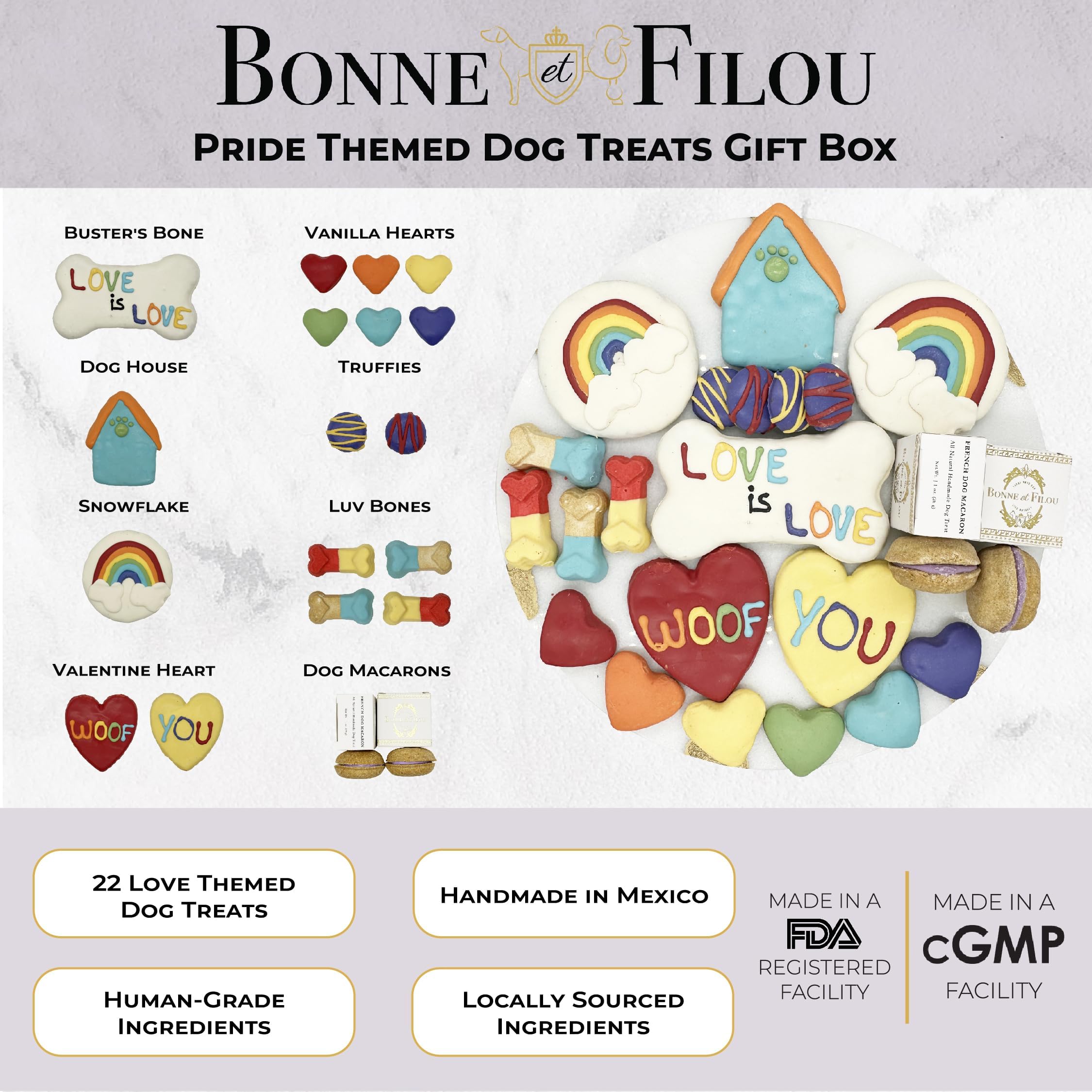 Bonne et Filou Pride Themed Human Grade Gourmet Dog Treats Gift Box 22 Luxury Snacks with Macarons, Truffles & Bone Cookies Heal