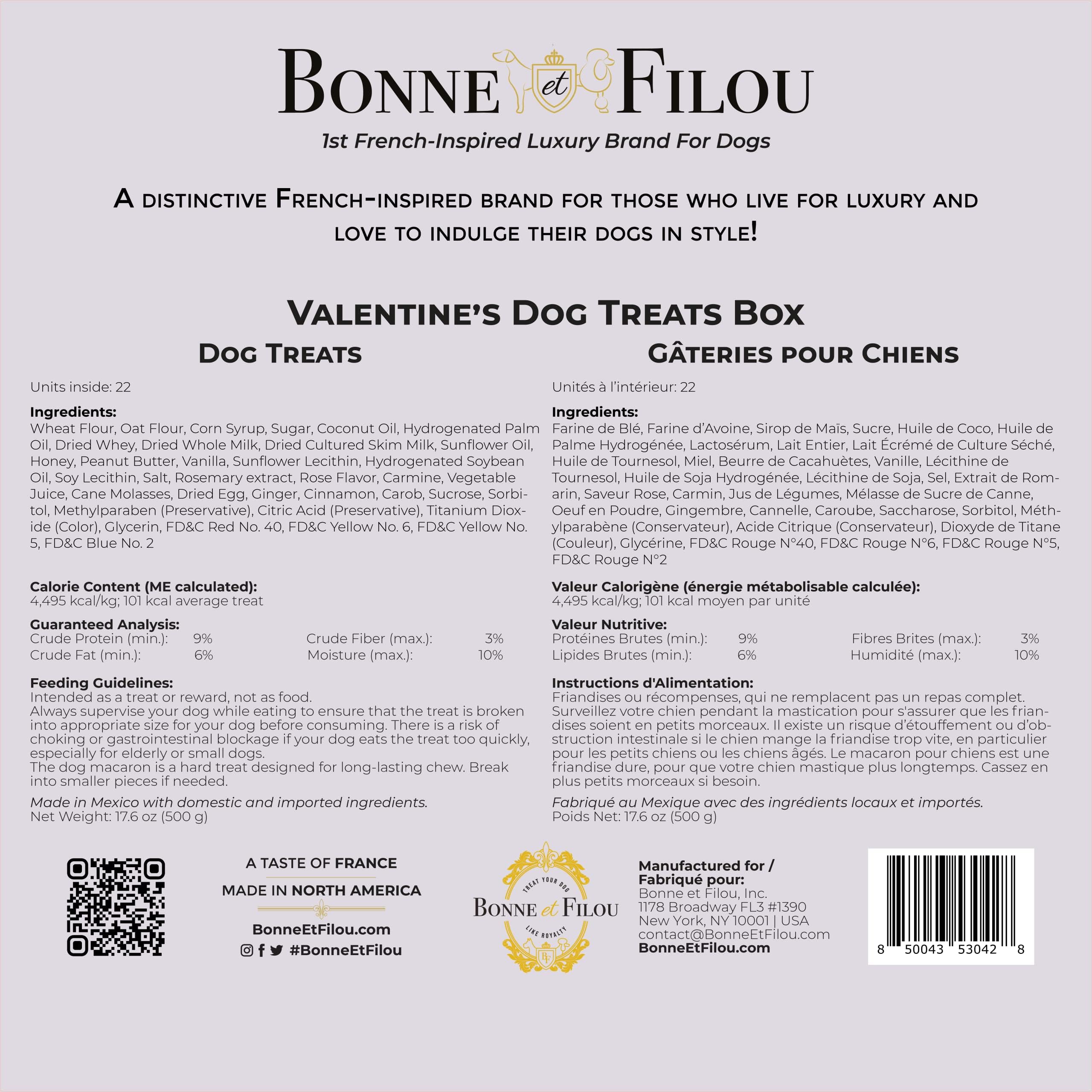 Bonne et Filou Love Dog Treats Gift Box, 22 Luxury Macarons, Truffles & Bone Cookies, Healthy & Delicious Snacks for Medium to L