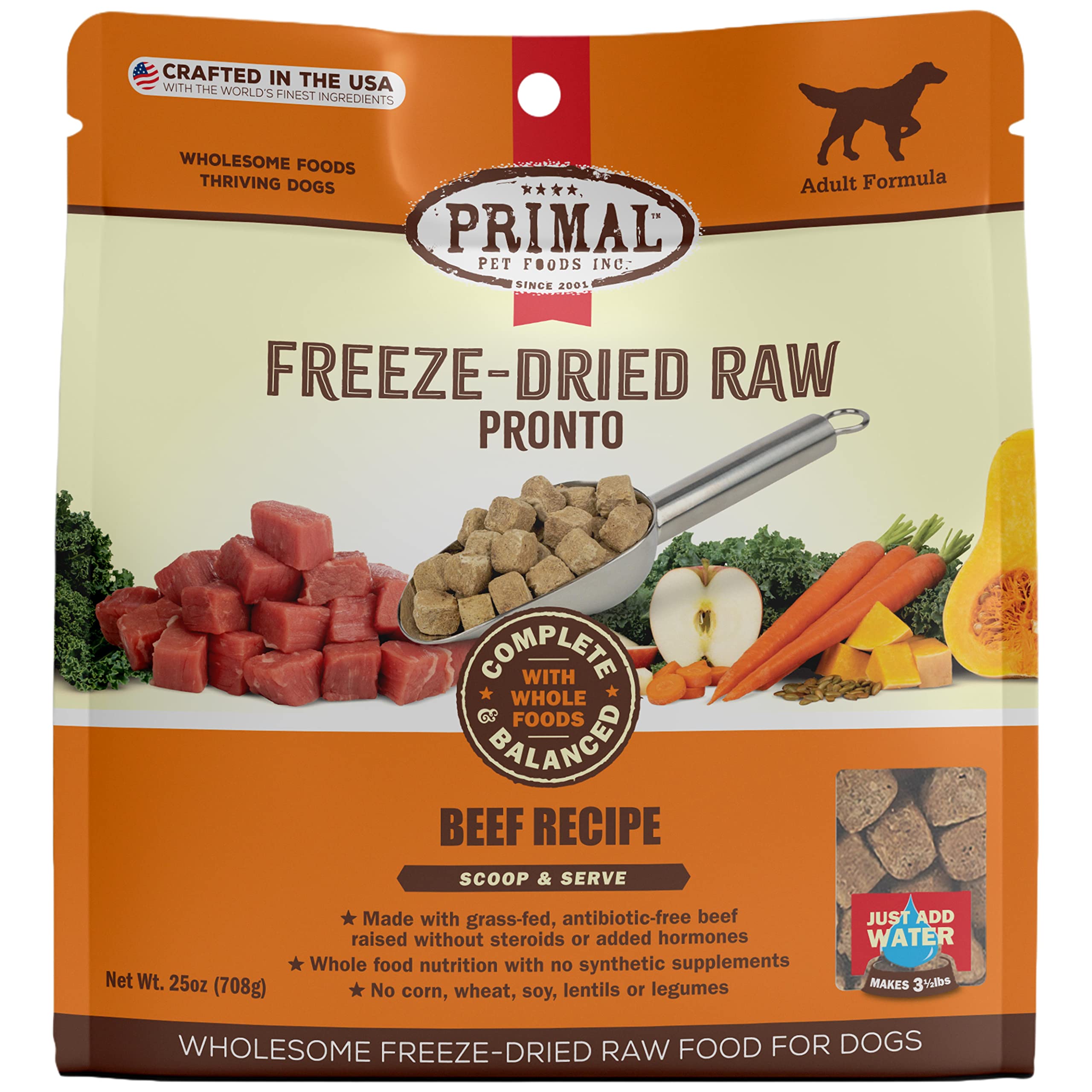 Primal Freeze Dried Dog Food Pronto, Beef; Scoop & Serve, Complete & Balanced Meal; Also Use as Topper or Treat; Premium, Health