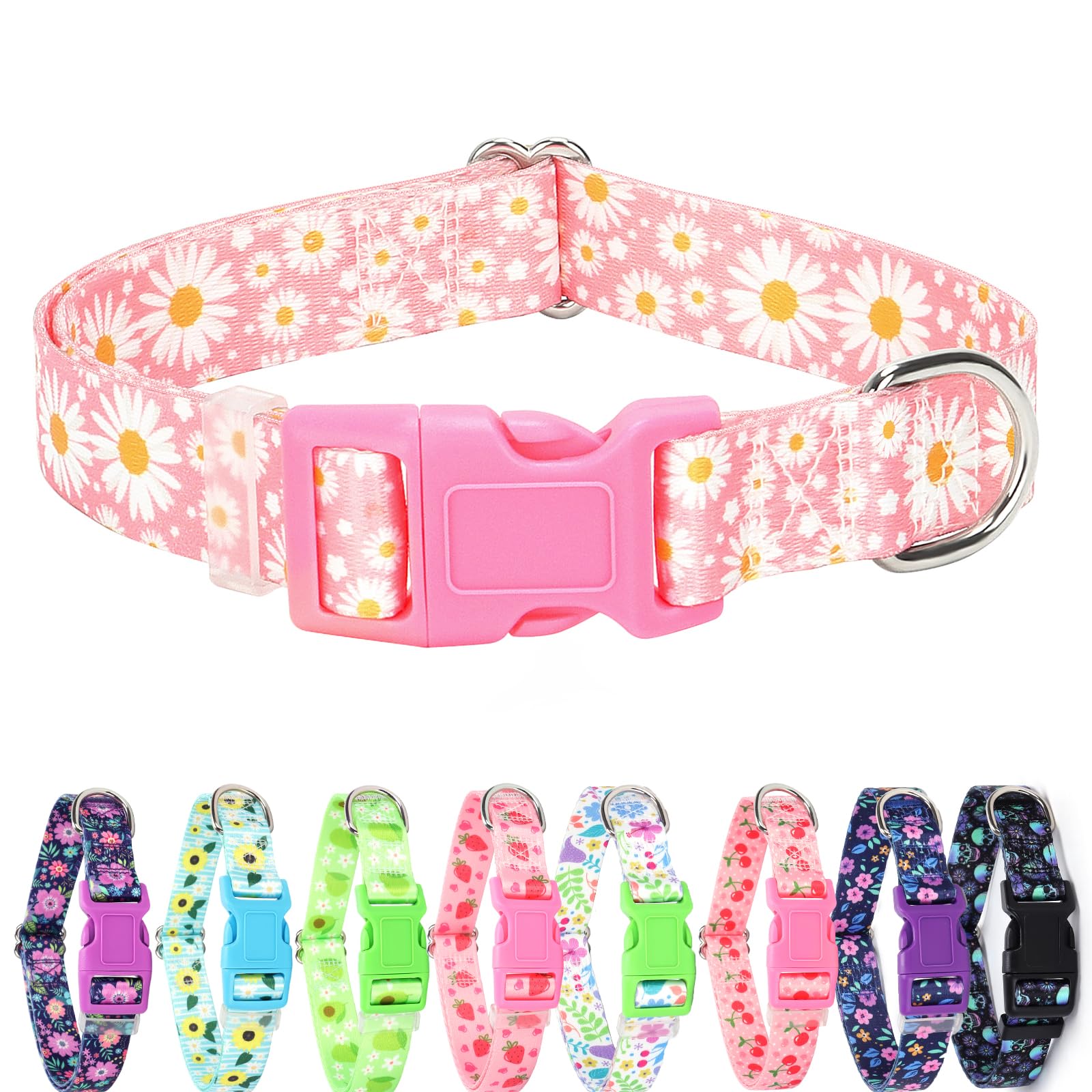 Girl Dog Collars For Large Dogs,Female Dog Collars With Pink Daisy Flowers, Adjustable Comfy Soft Pet Collar With Safety Buckle 