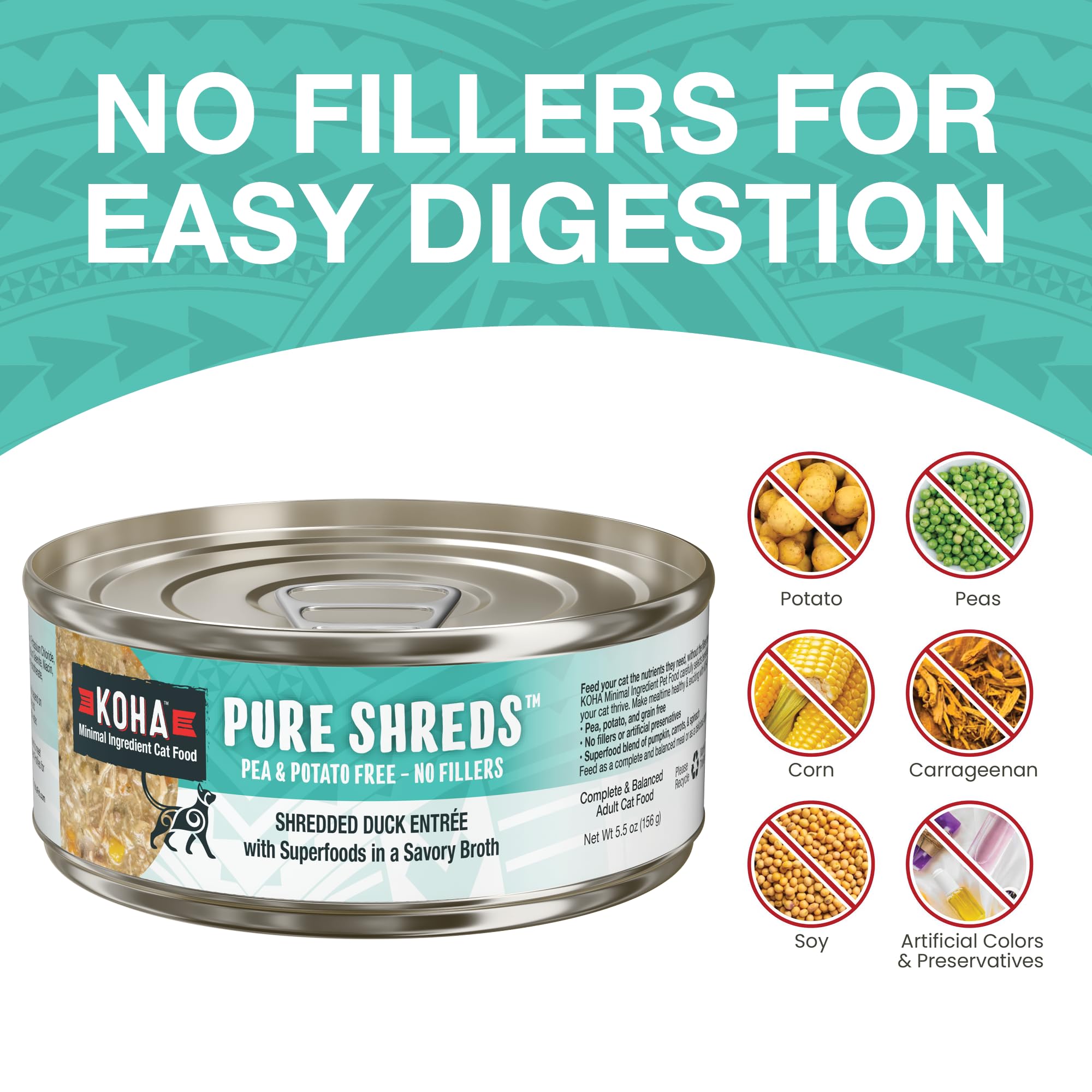 KOHA Pure Shreds Duck Entr  e for Cats, Single Meat High Protein Wet Cat Food, 5.5oz Cans (Pack of 12)