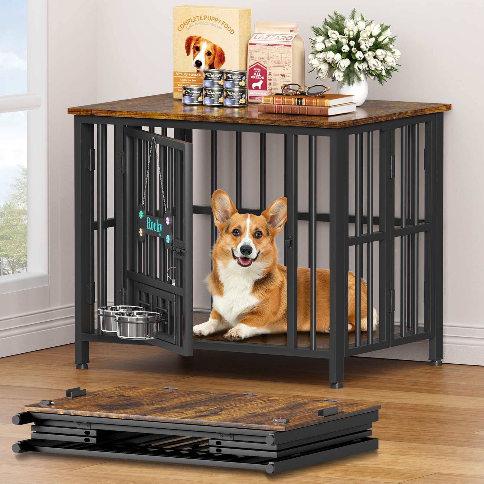 Easycom 31 Dog Crate Furniture Foldable, No Assembly Decorative Dog Kennel Indoor, Dog Crates for Medium Dogs(20-40 lb), Wooden 