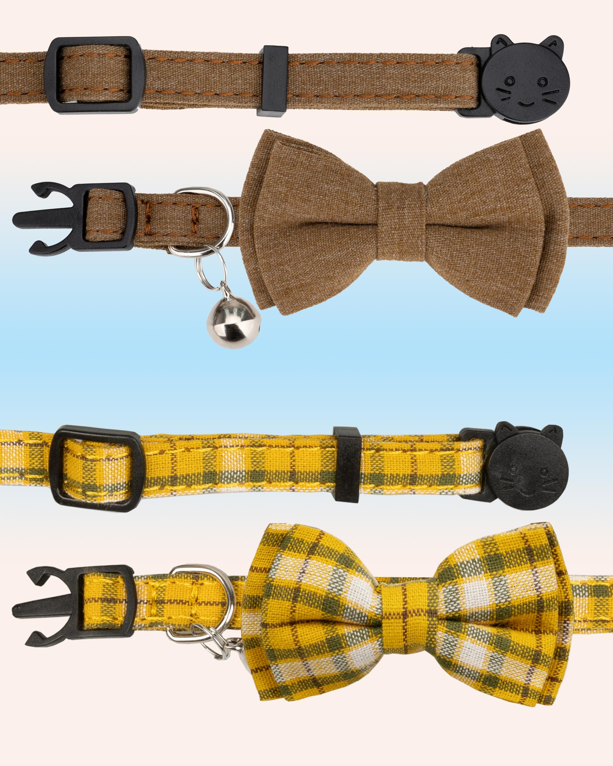 Gyapet Cat Collar Breakaway Bowtie Safety With Bell Adjustbale Kitten Puppy Solid Plaid Color Set D-[2Pcs] Brown