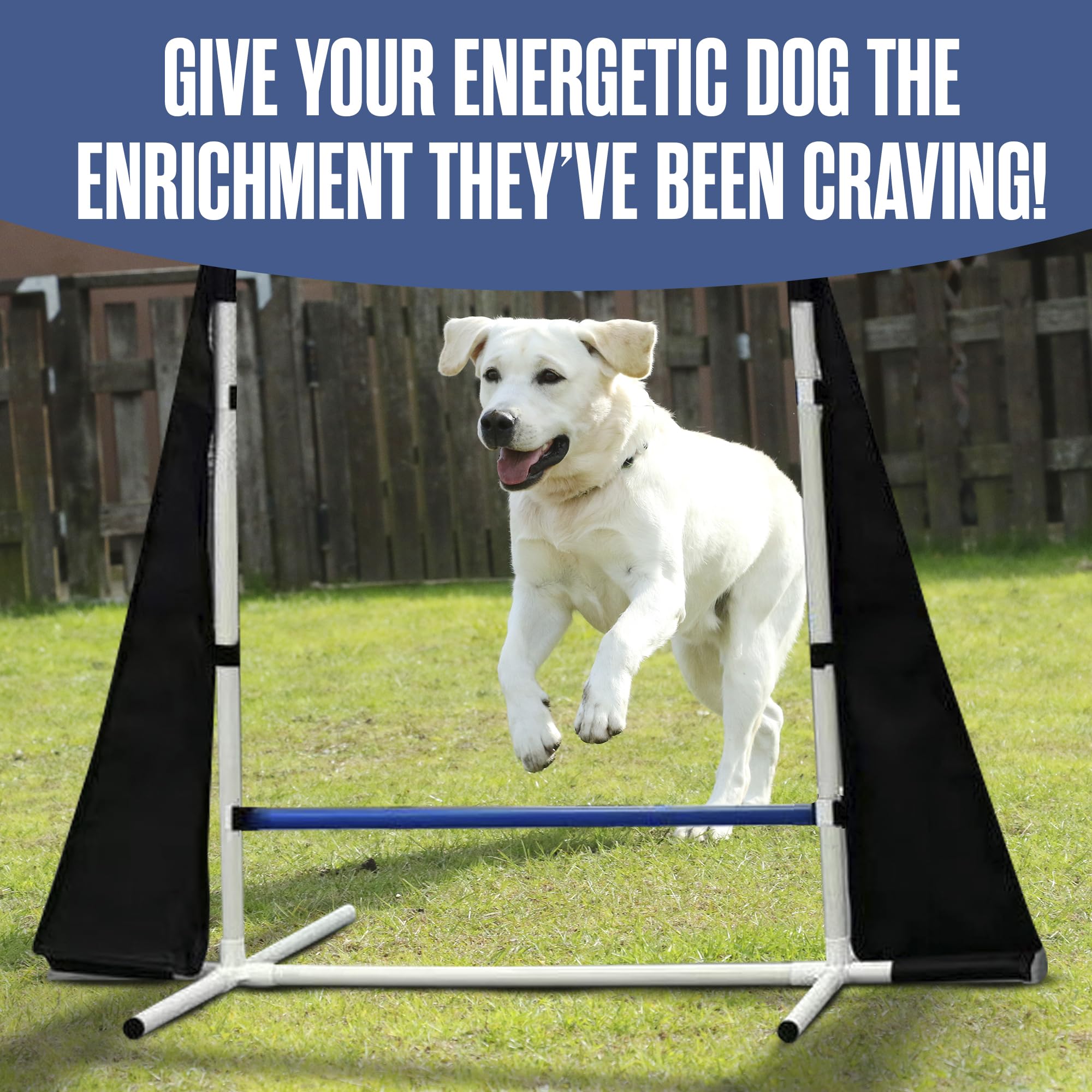 Houseables Dog Agility Course Set - Adjustable Height, Blue/White/Black, Includes Play Tunnel, Weave Poles, Jumps, Model 05PC
