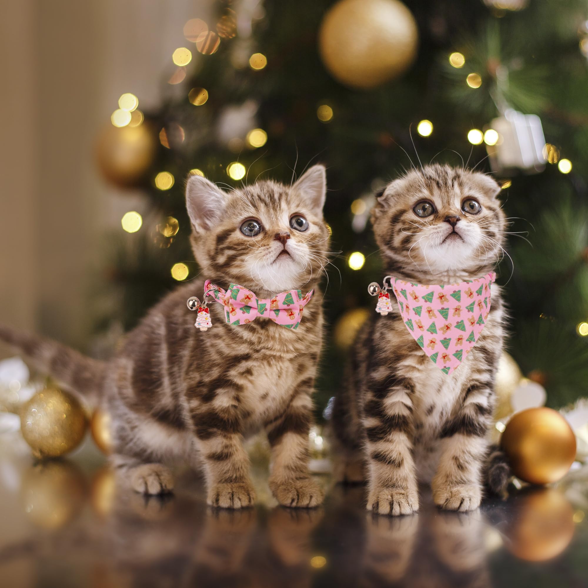 Adoggygo Pink Christmas Cat Collar With Bowtie Bandana, Kitten Bandana Collar, Pet Christmas Collars