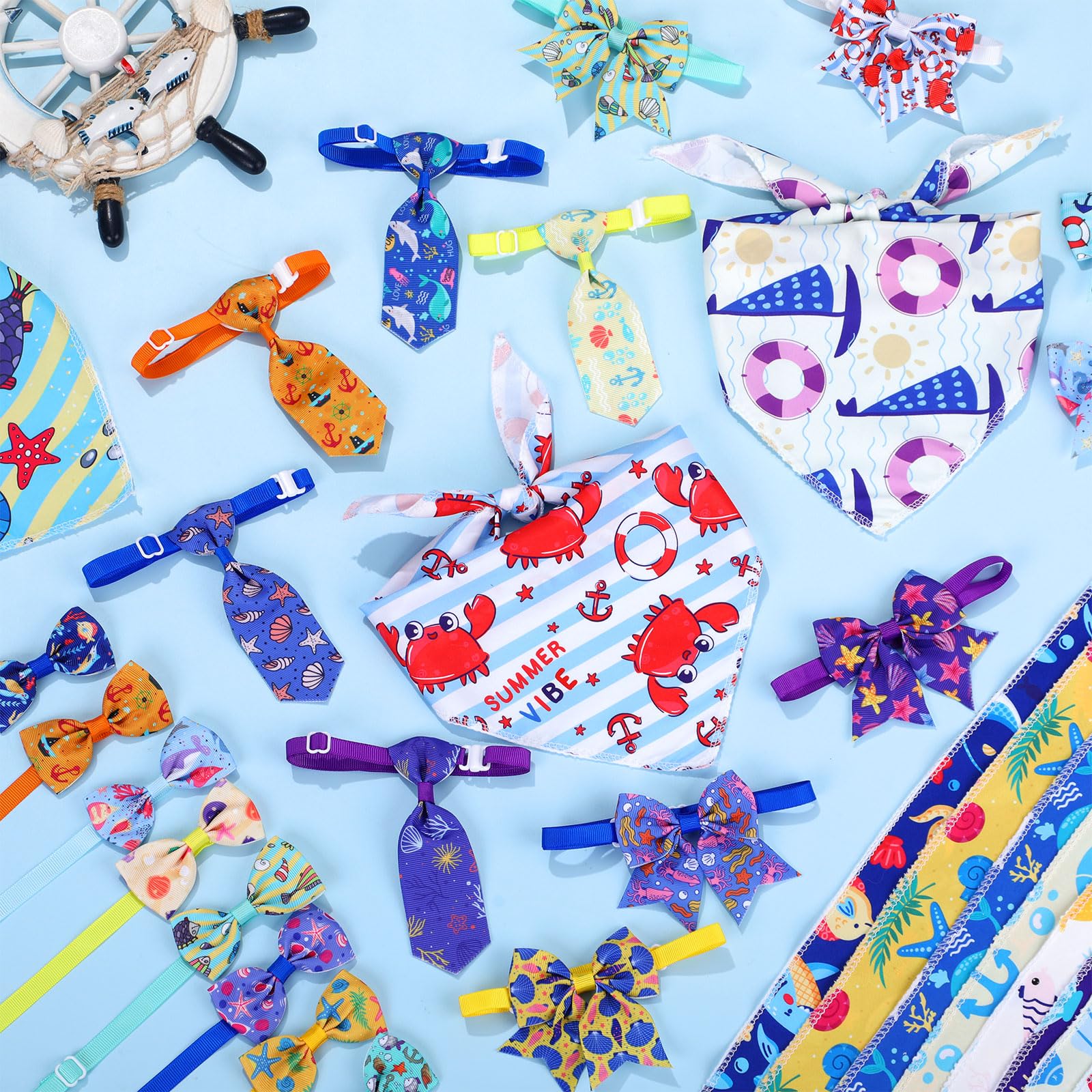 Reginary 120 Pcs Ocean Animals Dog Bandanas Bulk Dog Bows Set Bow Ties Cat Scarf Colorful Washable Triangle Pet Kerchief Cute Bi