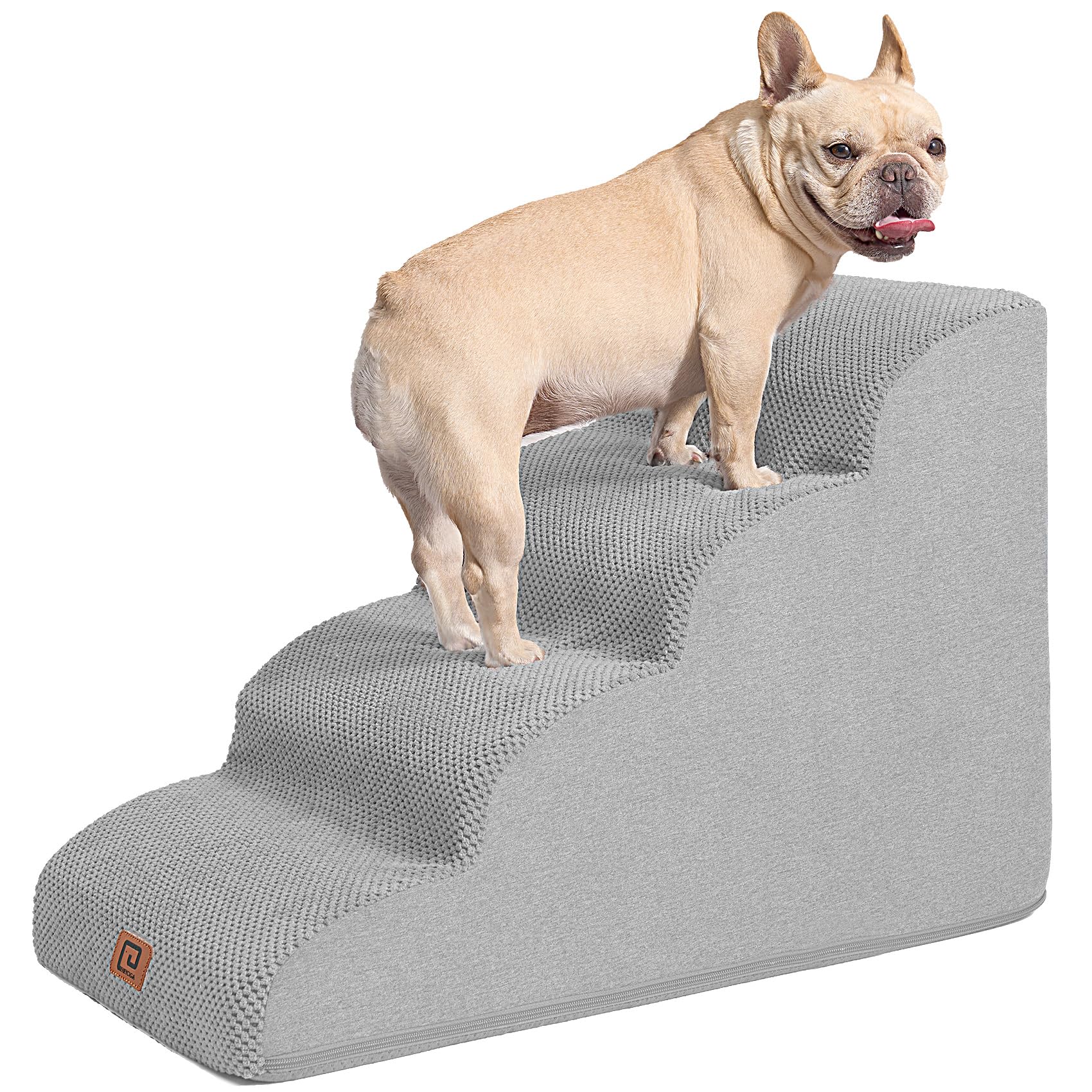 Eheyciga Curved Dog Stairs Ramp For High Beds 19.7' H, 4-Step Dog Steps For Small Dogs And Cats, Pet Stairs For High Bed Climbing, Non-Slip Balanced Pet Step Indoor, Light Grey