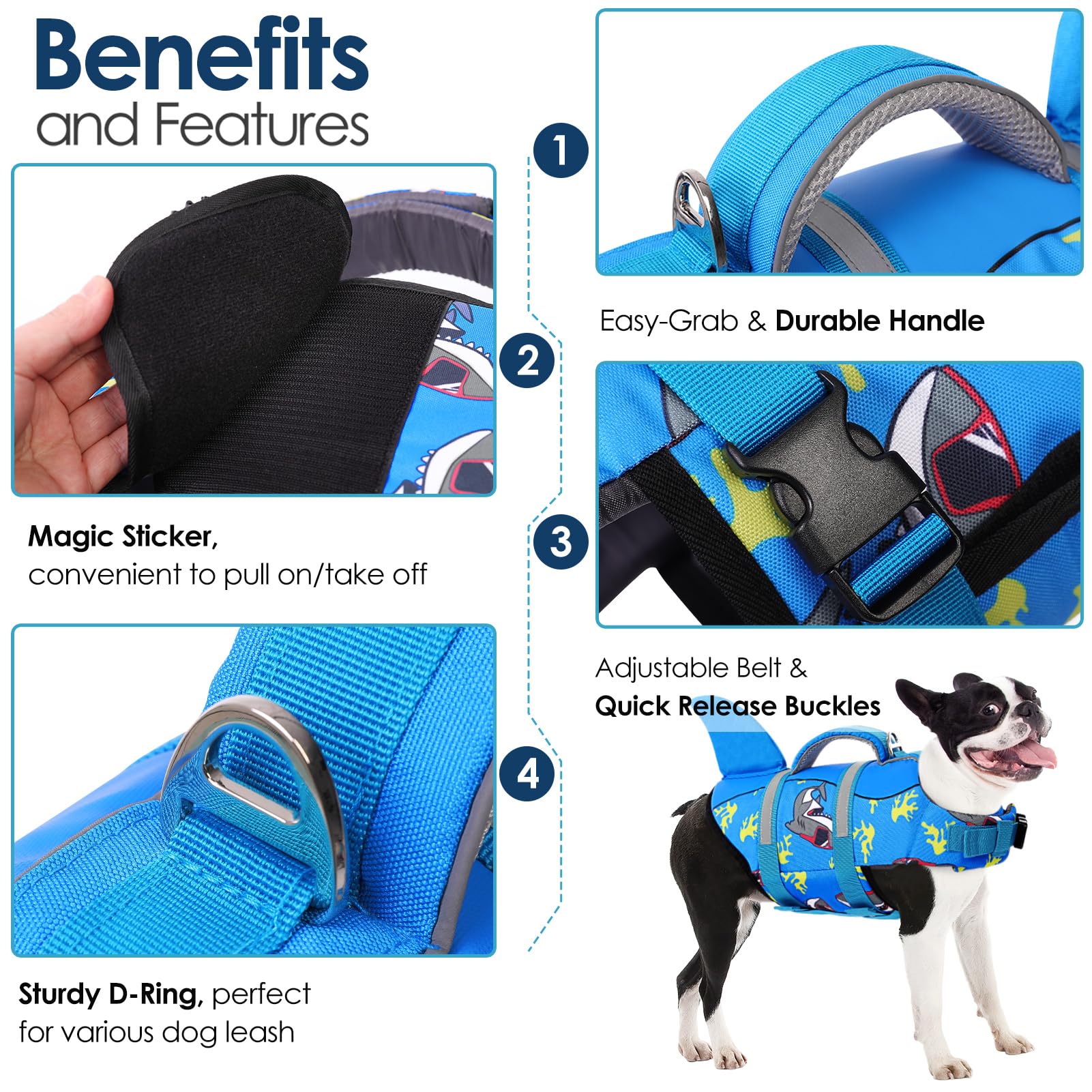 Aofitee Dog Life Jacket Large, Shark Dog Life Vest For Swimming Boating, High Flotation Reflective Dogs Swimming Vest Lifesaver