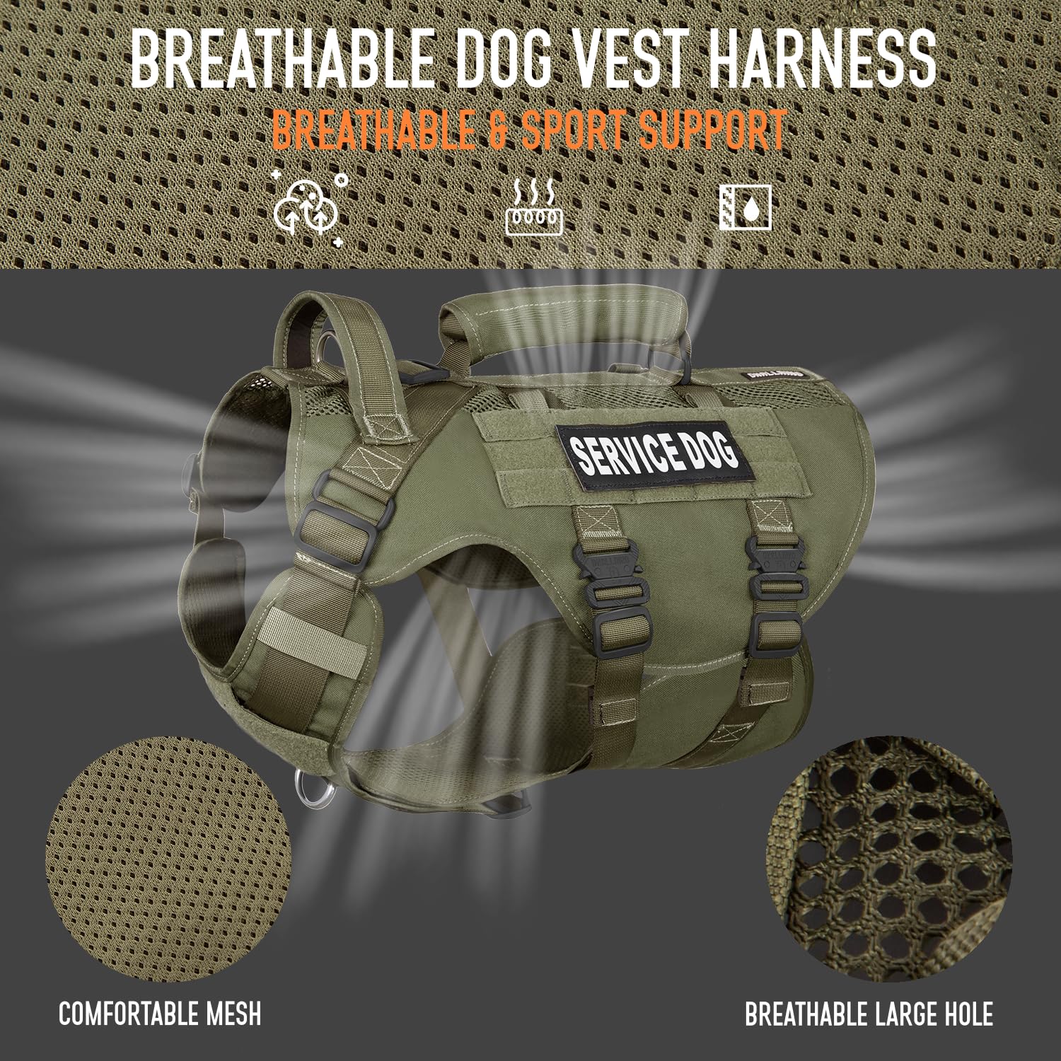 Dnallrino Service Dog Vest For Large Dog, Military Mesh Breathable Lift Harness With Molle Vest With 39G Metal Buckle For Traini