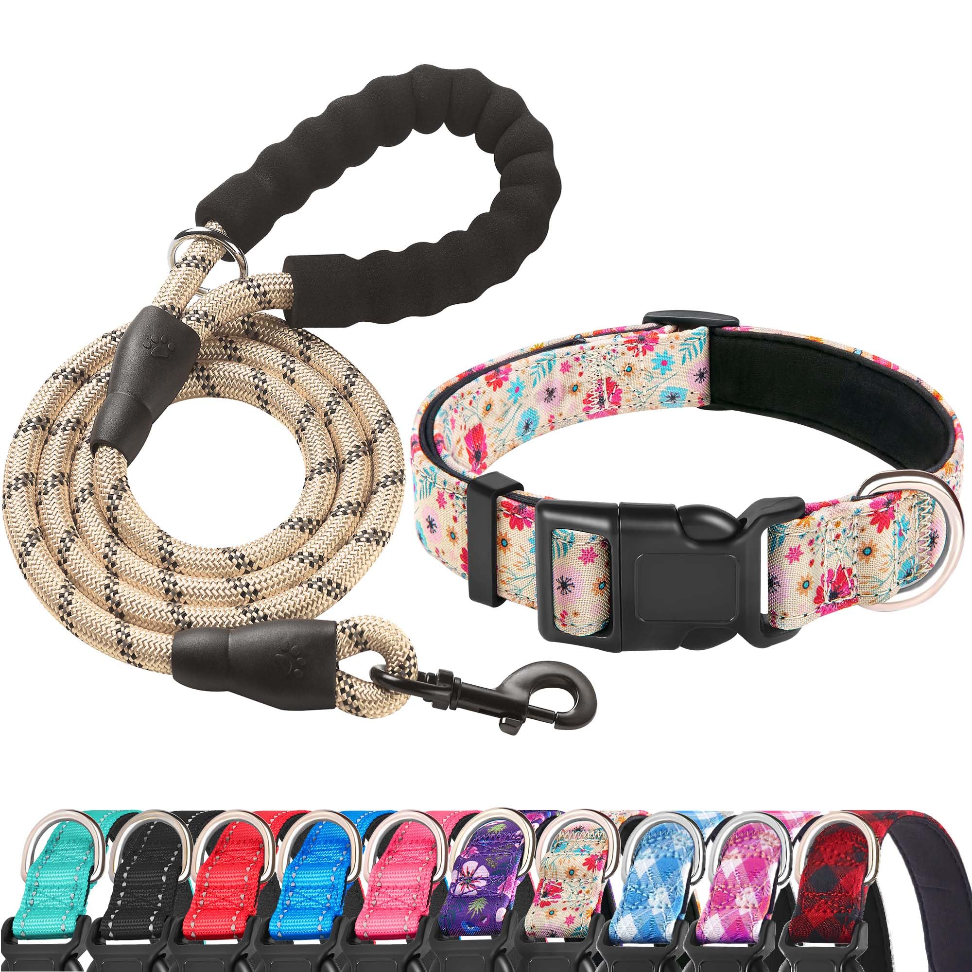 Ladoogo Reflective Dog Collar Padded With Soft Neoprene Breathable Adjustable Nylon Dog Collars For Small Medium Large Dogs (Medium (Pack Of 1), Vanila/Pink Floral Collar+Leash)