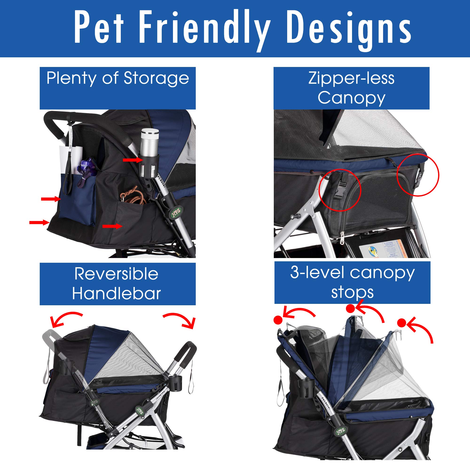 HPZ Pet Rover Heavy Duty Pet Stroller, Large, Alloy Steel, Midnight Blue, Model DS328, Zipperless Entry, Reversible Handle