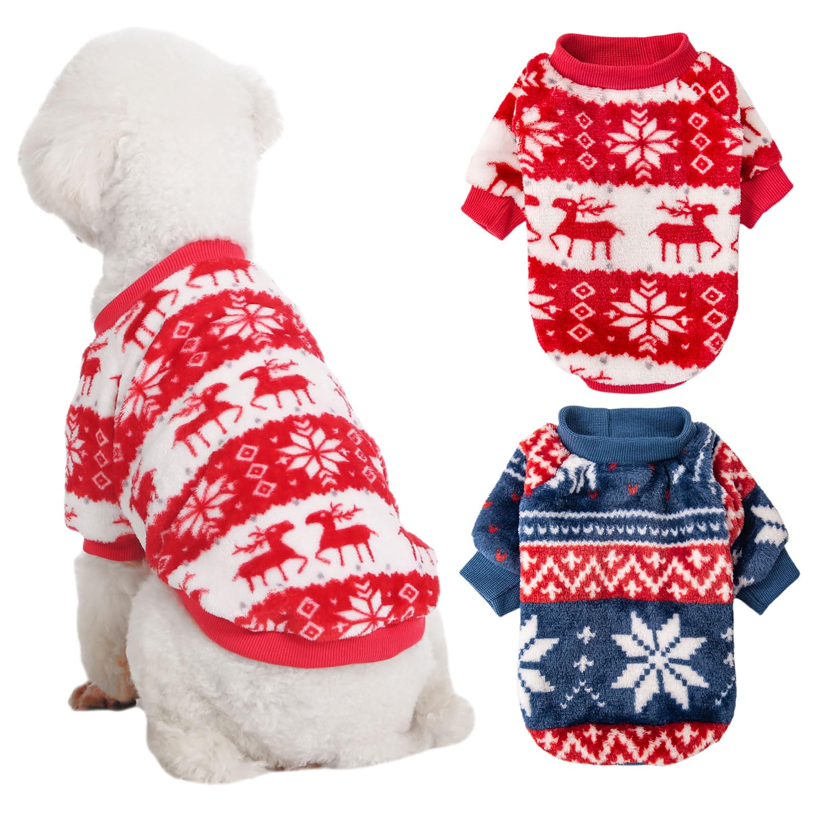Kyaringtso Dog Sweater, 2 Pack Dog Sweaters For Small Dogs, Dog Clothes For Small Dogs Girl Boy, Ultra Soft And Warm Puppy Sweater Dog Coat For Winter Christmas (Small, Xmas Red+Xmas Blue)