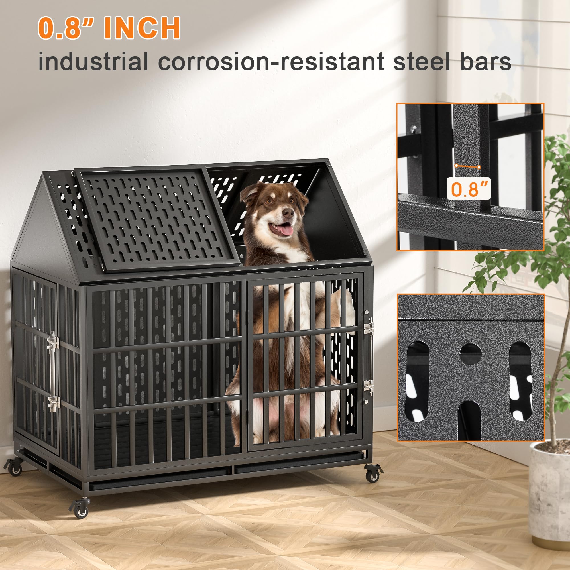 Huddycove 46 Inch Heavy Duty Dog Crate with Self-Locking Latch for High Anxiety Dogs, Indestructible Large Kennel Indoor with Po