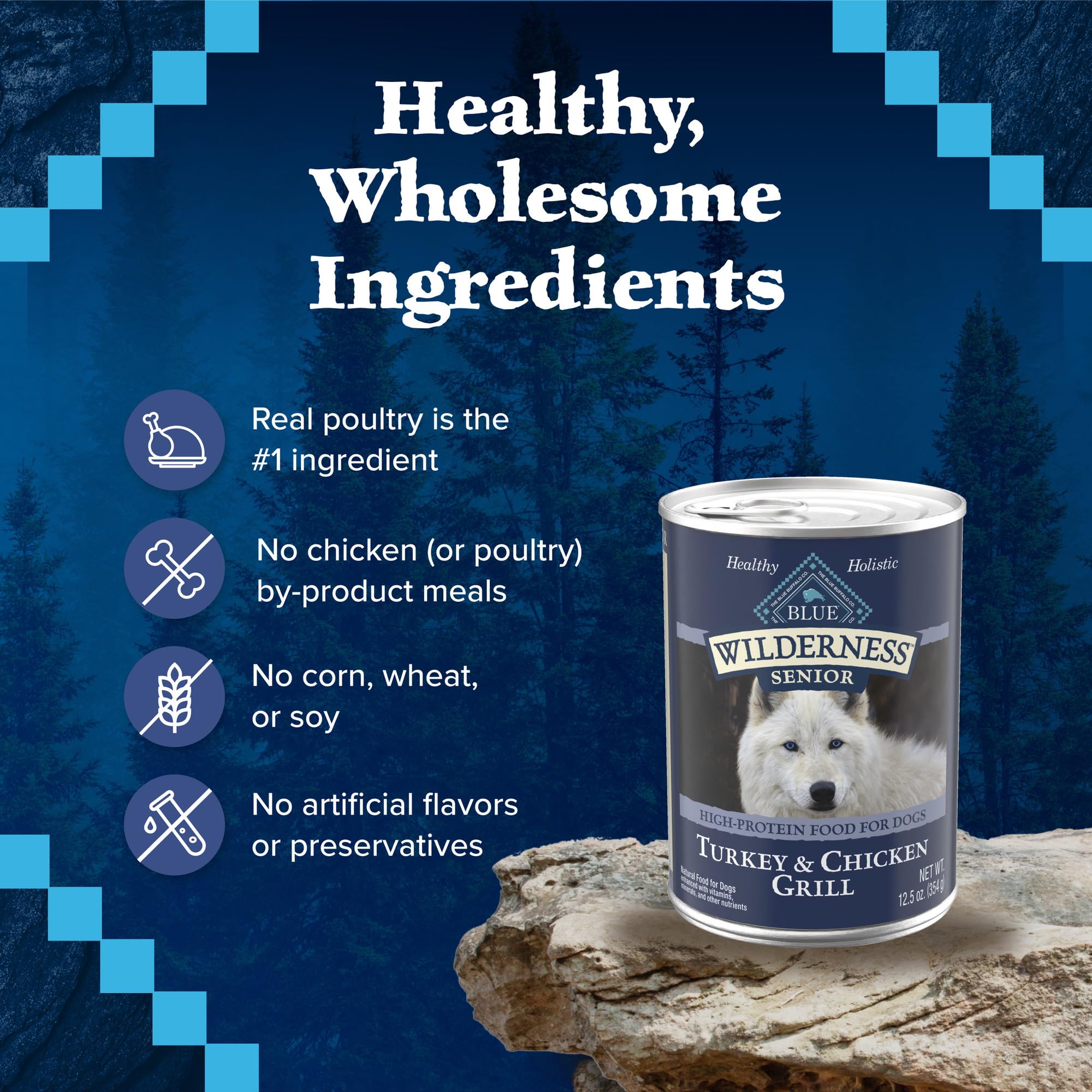 Blue Buffalo Wilderness Natural High Protein Wet Food for Senior Dogs, Turkey & Chicken, 12.5-oz Cans, 12-Count