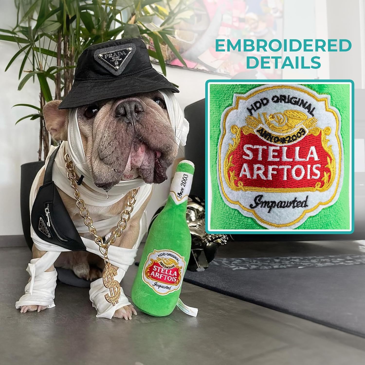 Haute Diggity Dog Stella Arftois Beer Bottle, Plush Designer Dog Toys With Interactive Squeaker, Stimulating Pet Enrichment, Mac