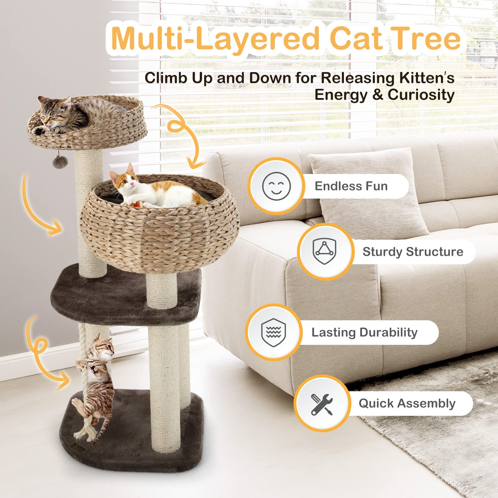 Petsite 41 Inch Modern Cat Tree For Indoor Cats, Multi-Level Cat Tower With Scratching Posts, Hand-Made Wicker Cat Condo & Top P