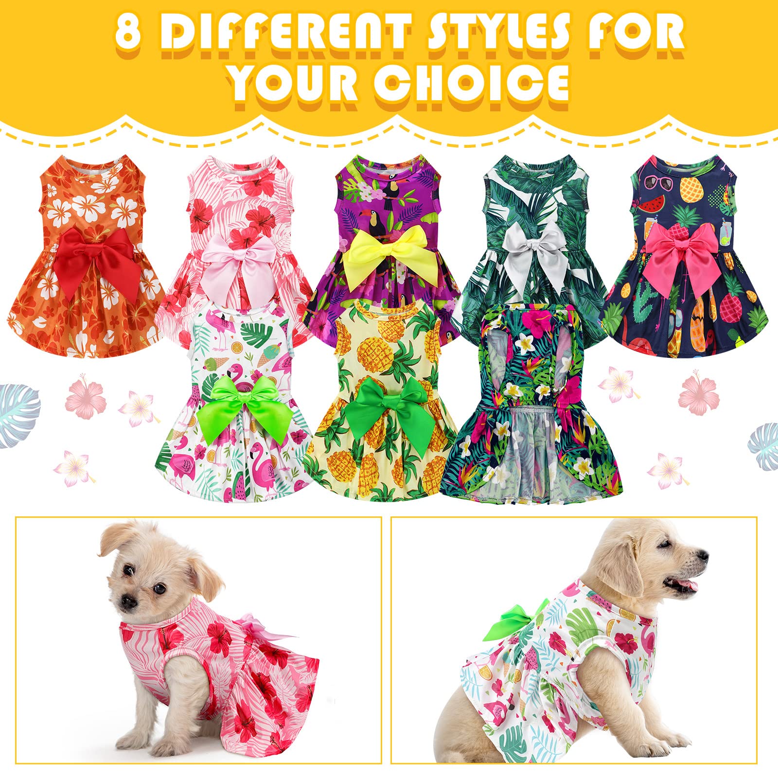 Leifide 8 Pcs Summer Themed Hawaii Dog Dresses Holiday Flamingo Fruit Floral Pattern Pet Skirts Hawaii Puppy Princess Dresses Ou