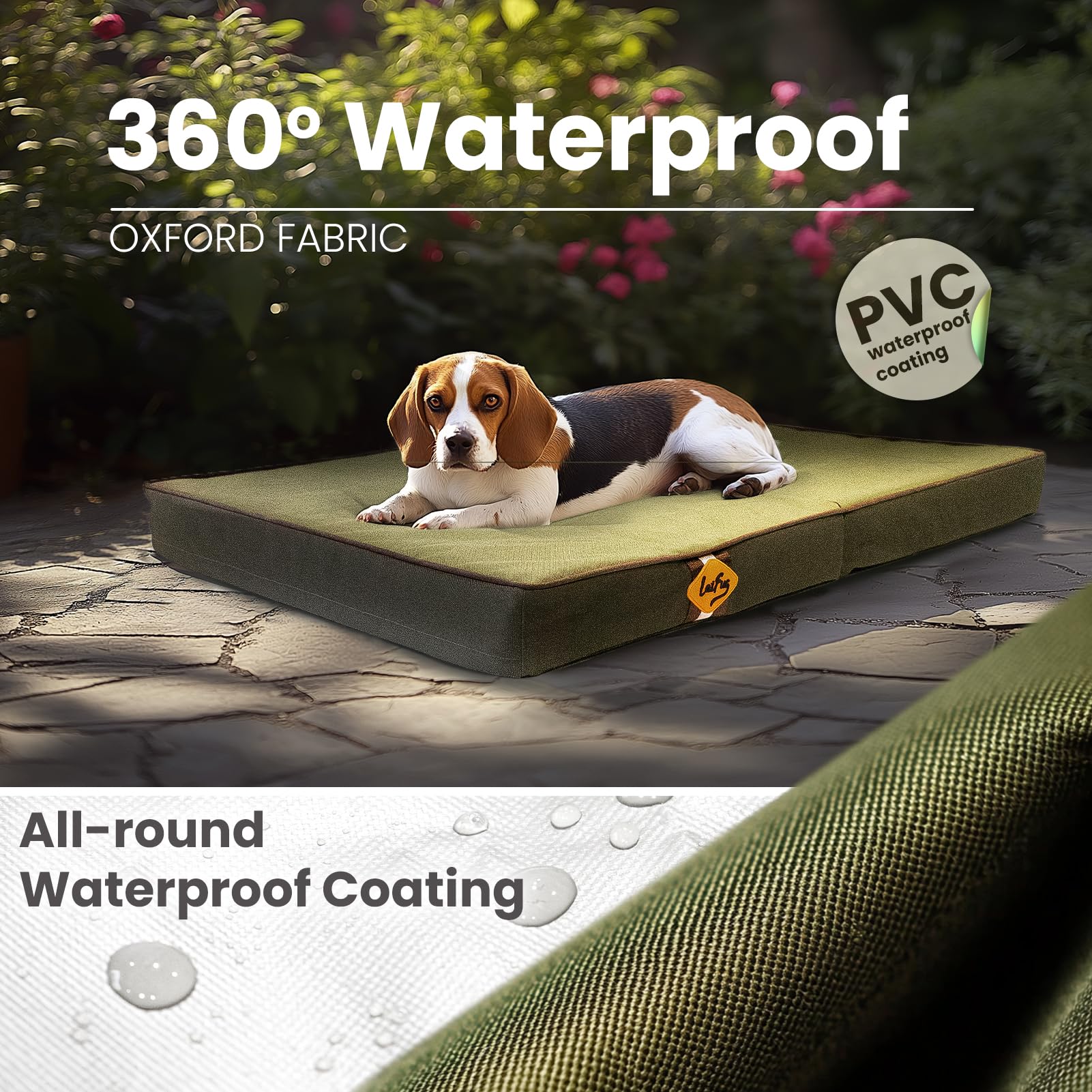 Laifug Foldable Waterproof Dog Bed for Large Dogs, Orthopedic, 36"x27"x3.5", Army Green, Model M2350313