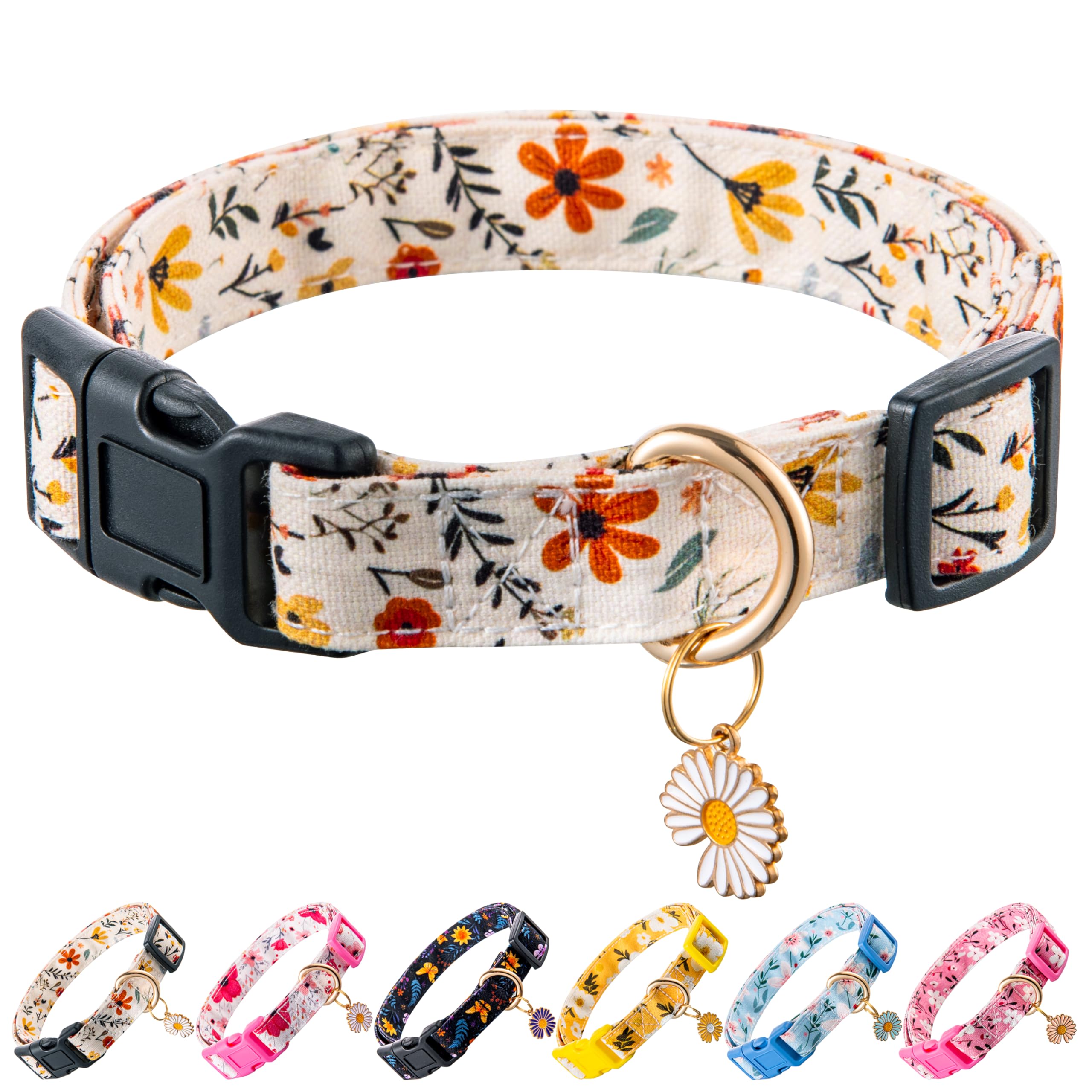 Raisingwell Cotton Dog Collar Beige Flower Pattern For Boys And Girls Cute Dog Collars Summer Fall Gift Adjustable For Medium To
