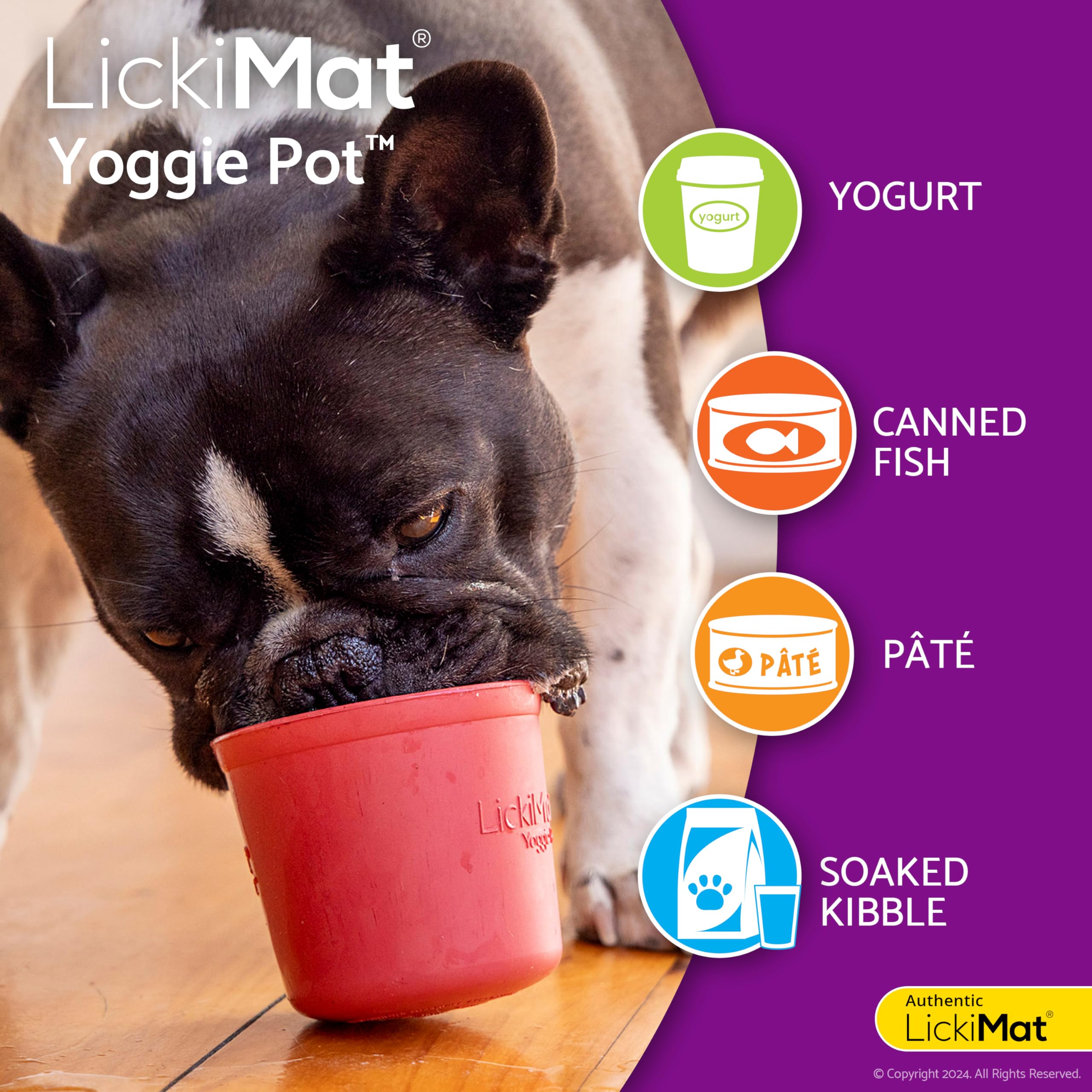 LICKIMAT Yoggie Pot - Distraction, Fun and Enrichment. Long Lasting Rubber Licking Treat Dispenser for All Dog Sizes and Slow Fe
